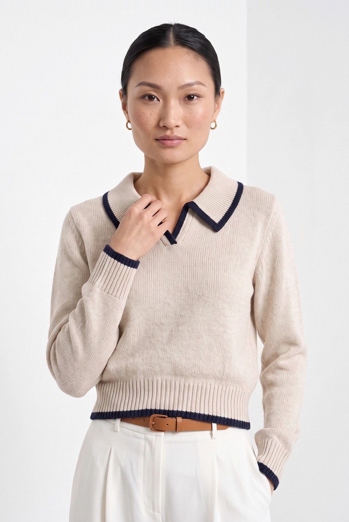 BLENIN piped collar sweater in oatmeal, front portrait