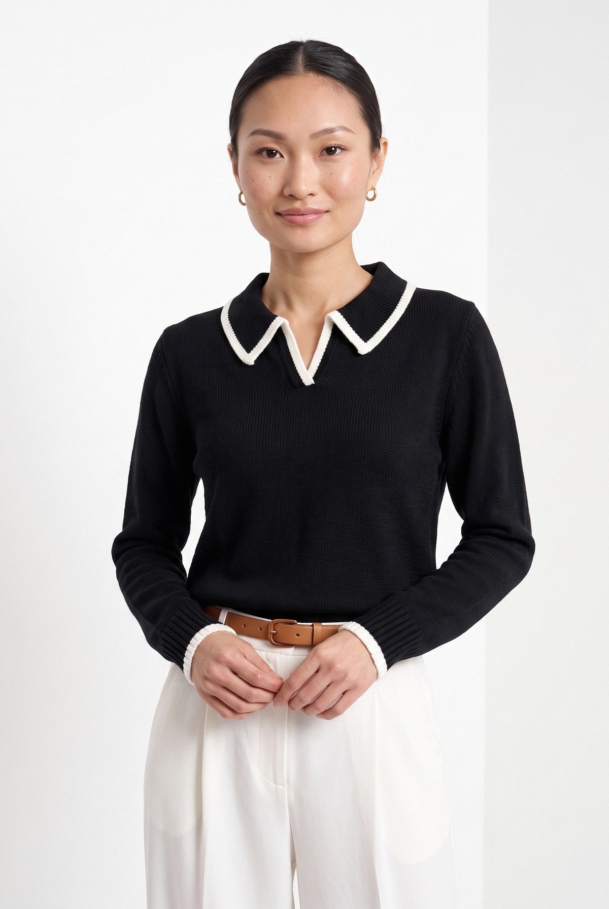 BLENIN piped collar sweater in black, front portrait