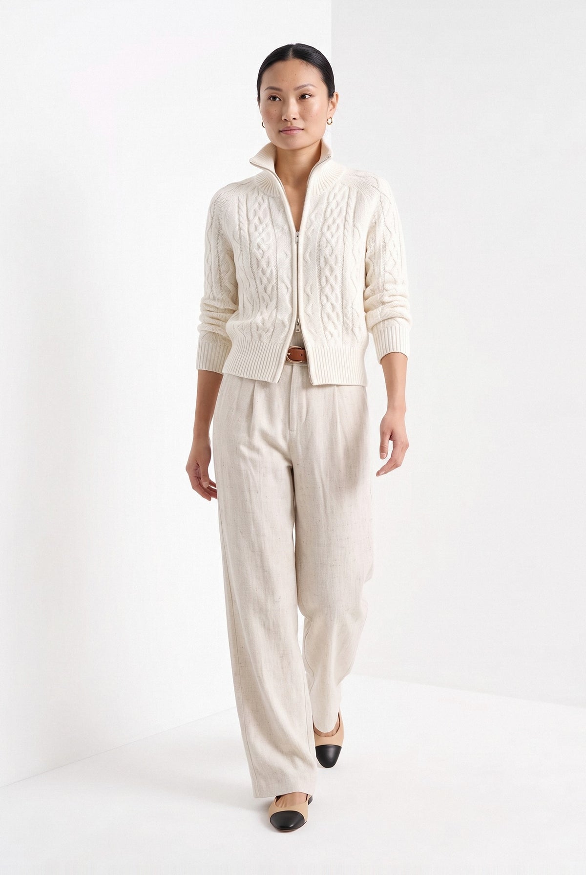 BLENIN cable knit zip cardigan in ivory, full-length front view