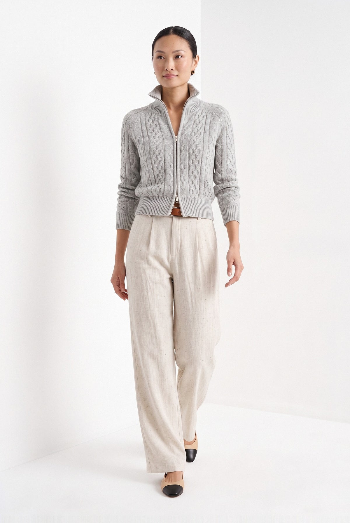 BLENIN cable knit zip cardigan in grey, full-length front view