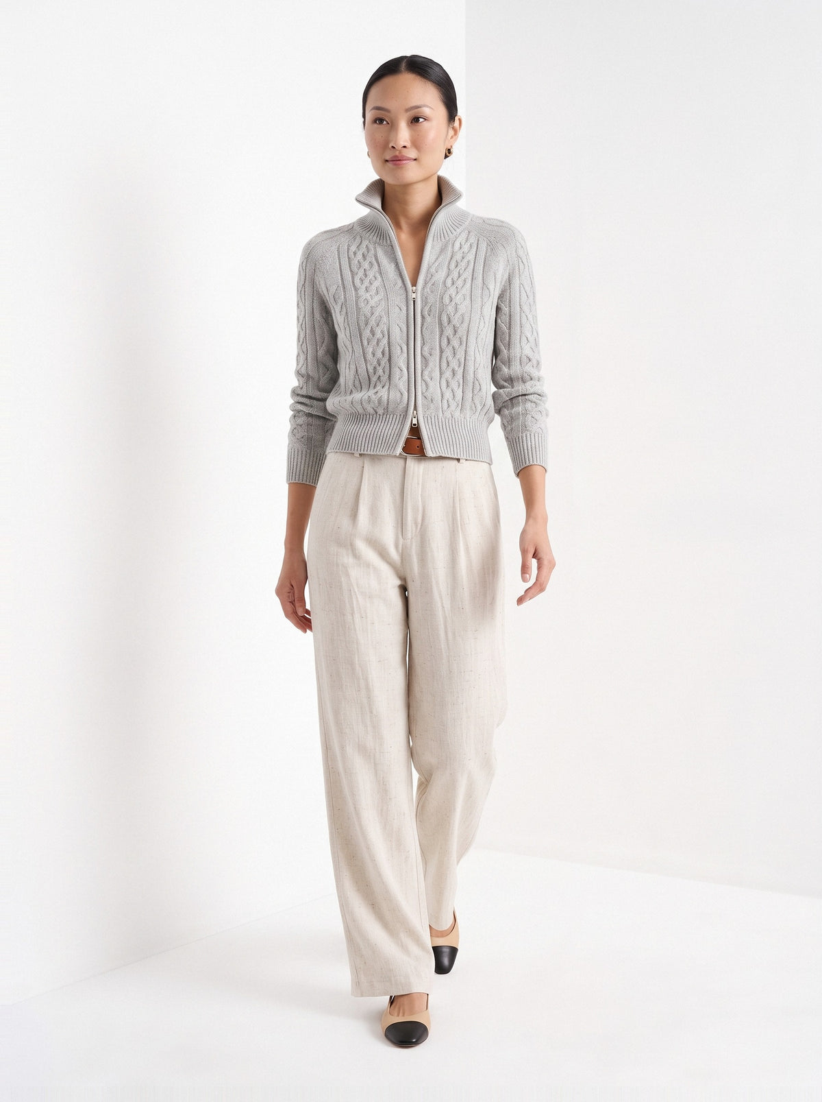 BLENIN cable knit zip cardigan in grey, full-length front view