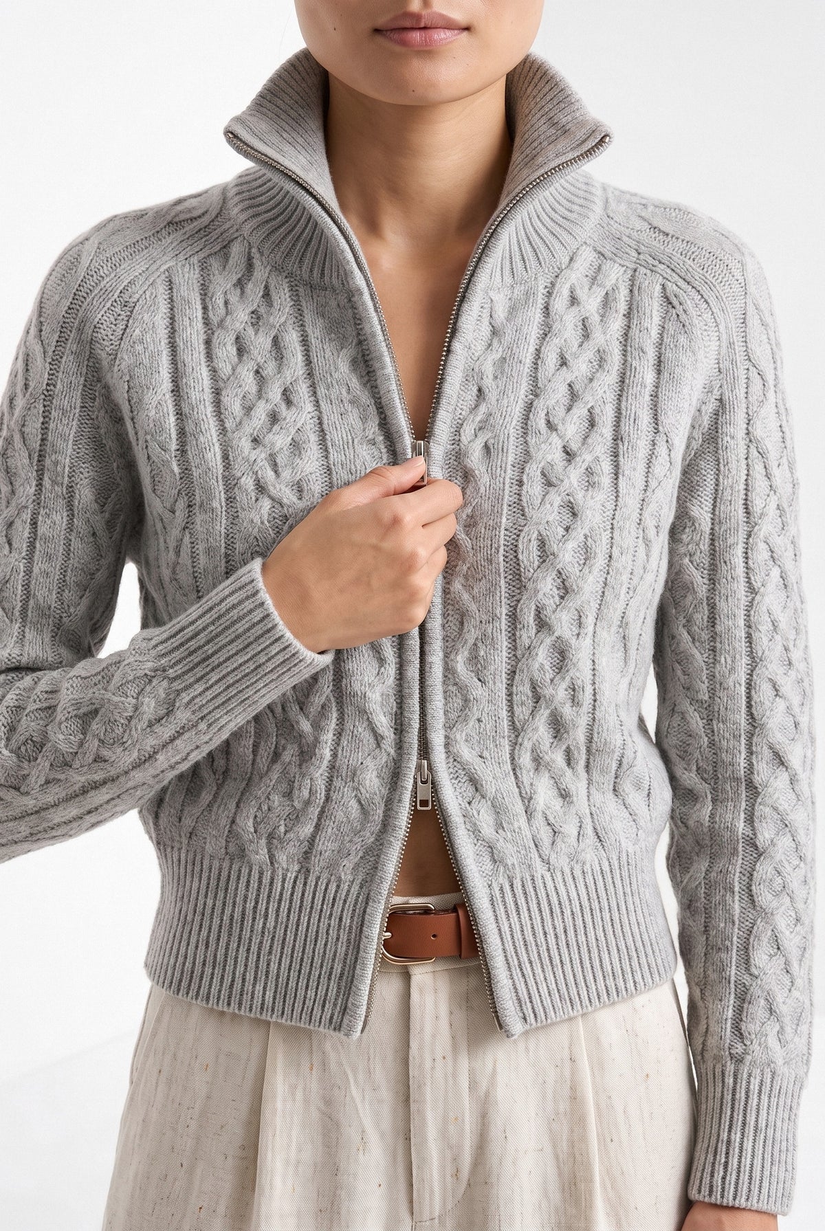 BLENIN cable knit zip cardigan in grey, close-up of the details
