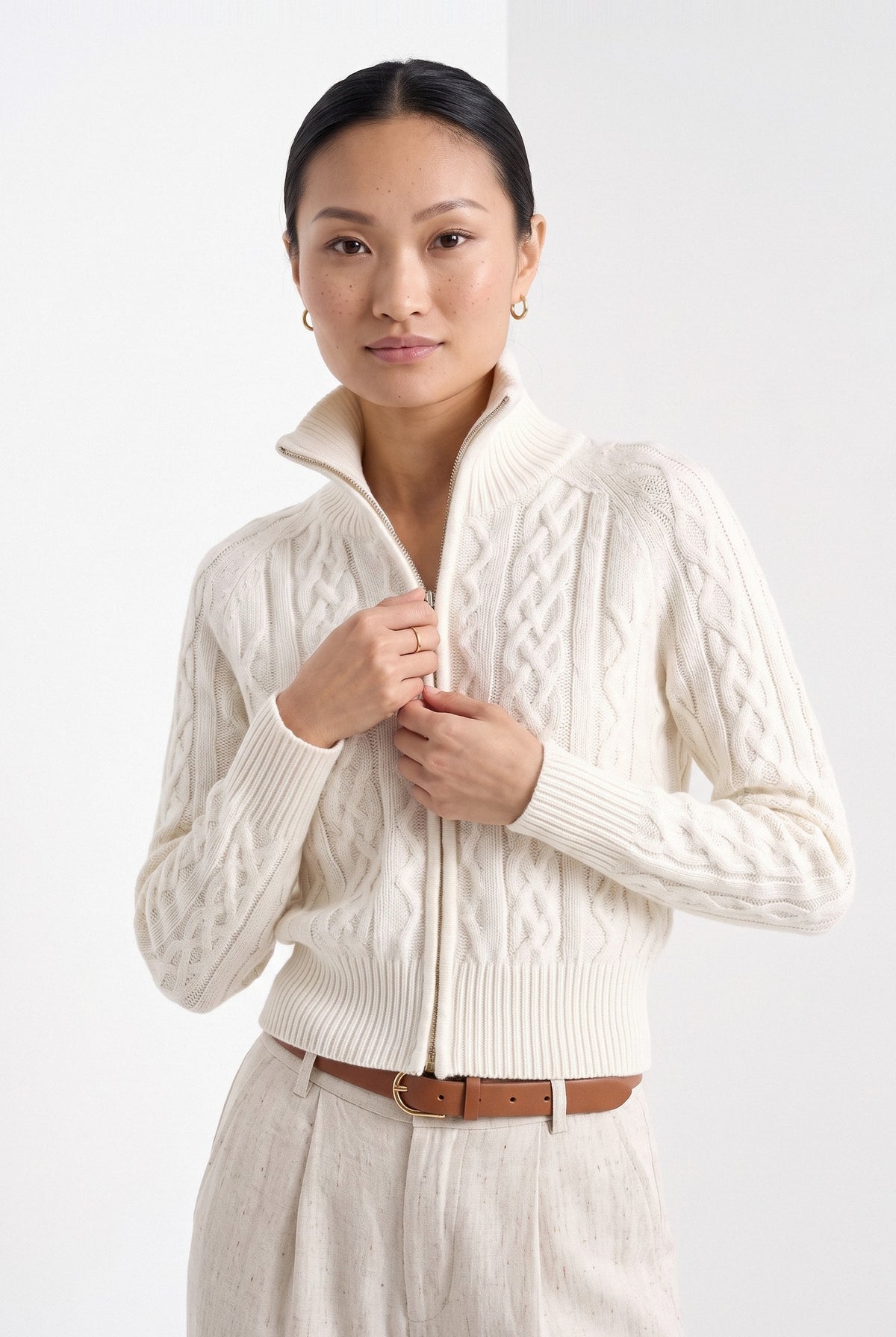 BLENIN cable knit zip cardigan in ivory, front portrait