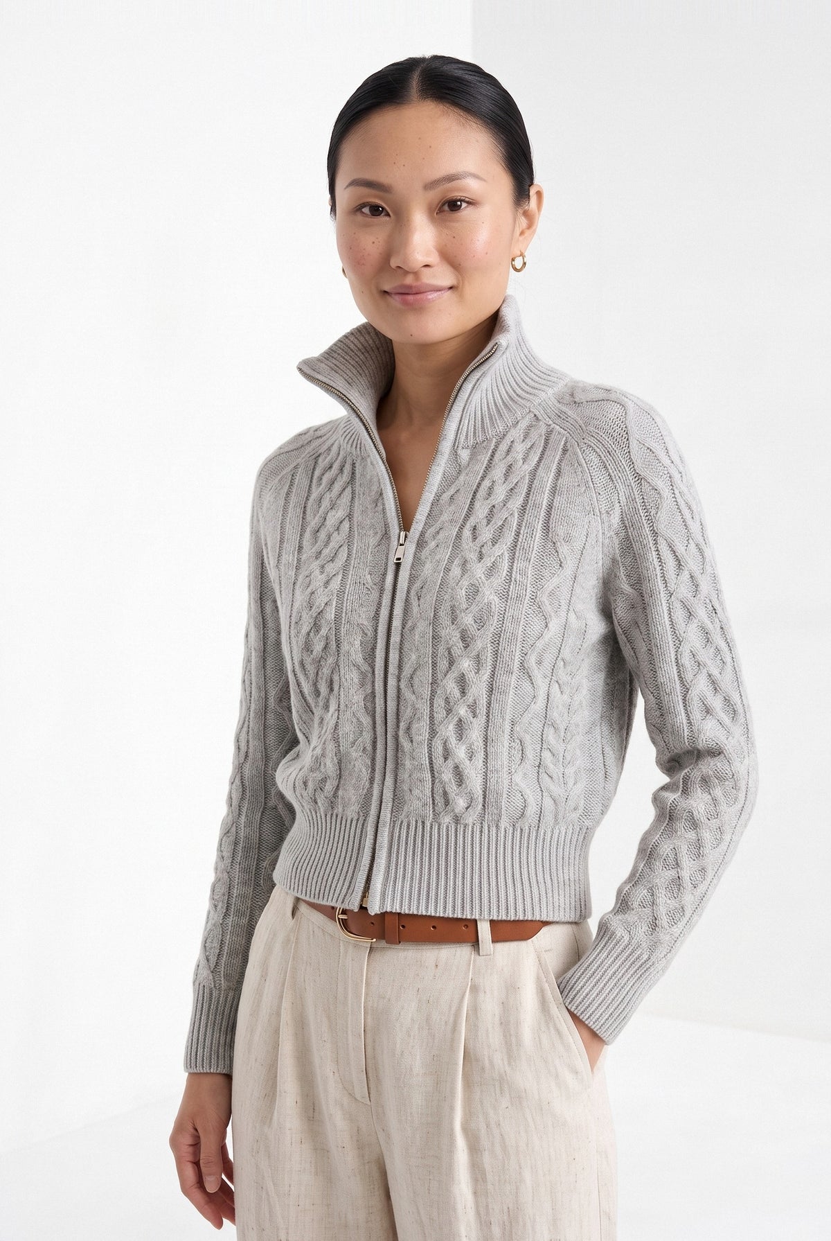 BLENIN cable knit zip cardigan in grey, front portrait
