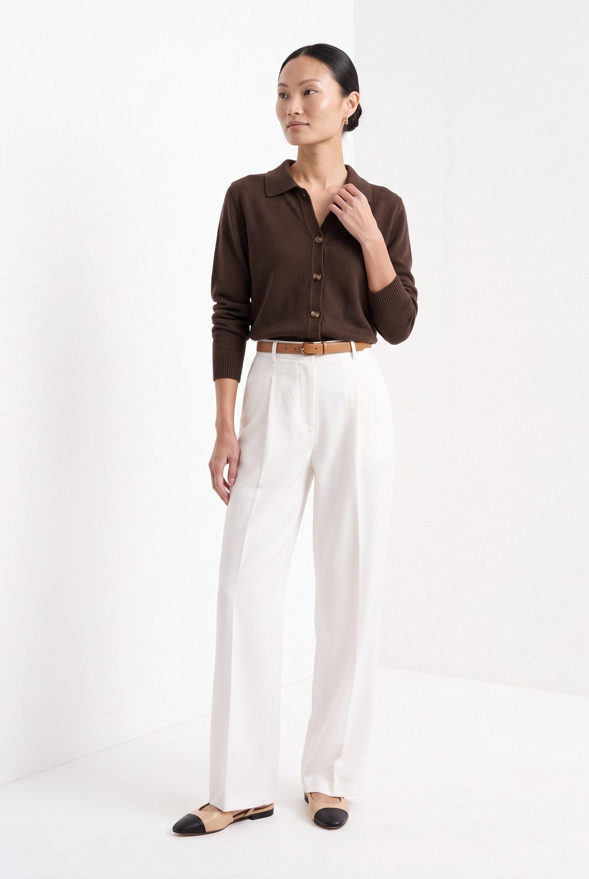 BLENIN collared button cardigan in chocolate, full-length front view