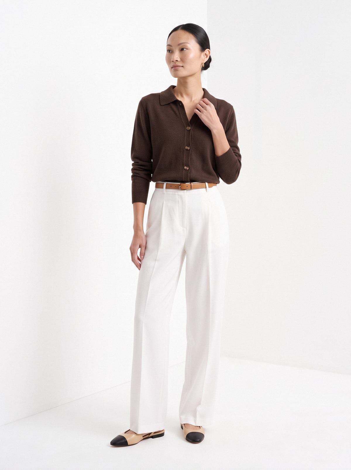 BLENIN collared button cardigan in chocolate, full-length front view