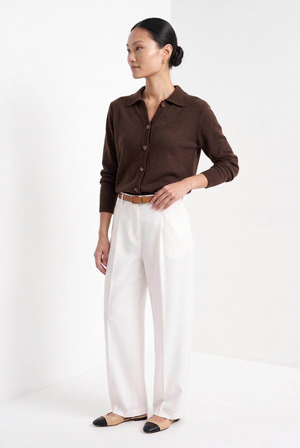 BLENIN collared button cardigan in chocolate, three-quarter view