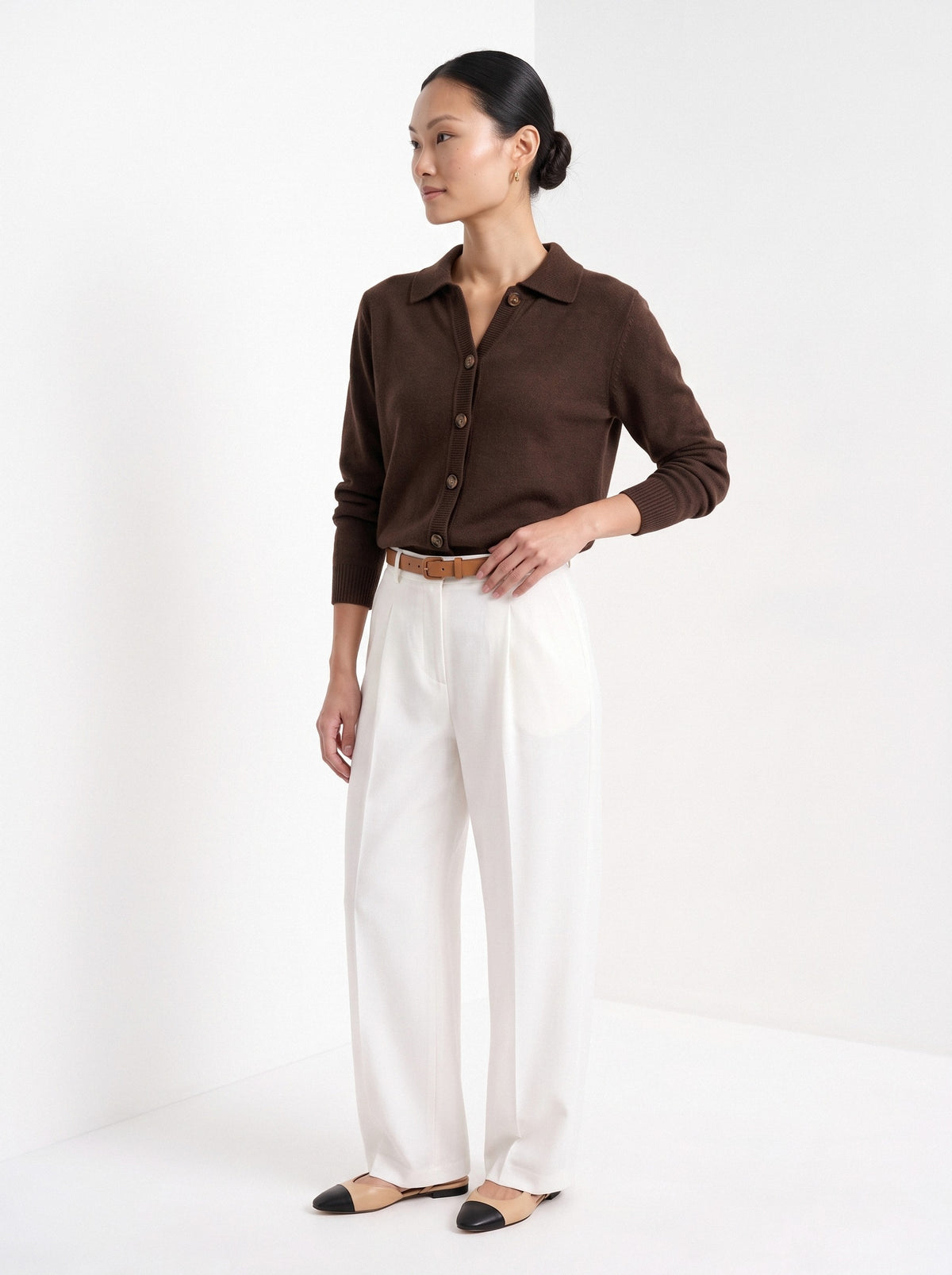 BLENIN collared button cardigan in chocolate, three-quarter view