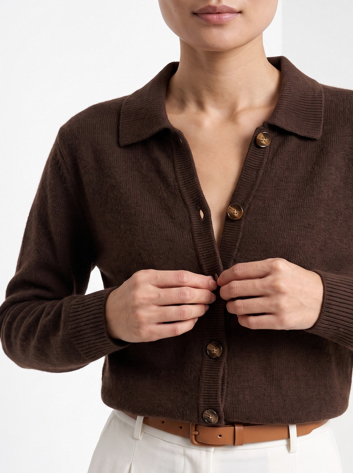 BLENIN collared button cardigan in chocolate, close-up of the collar and details