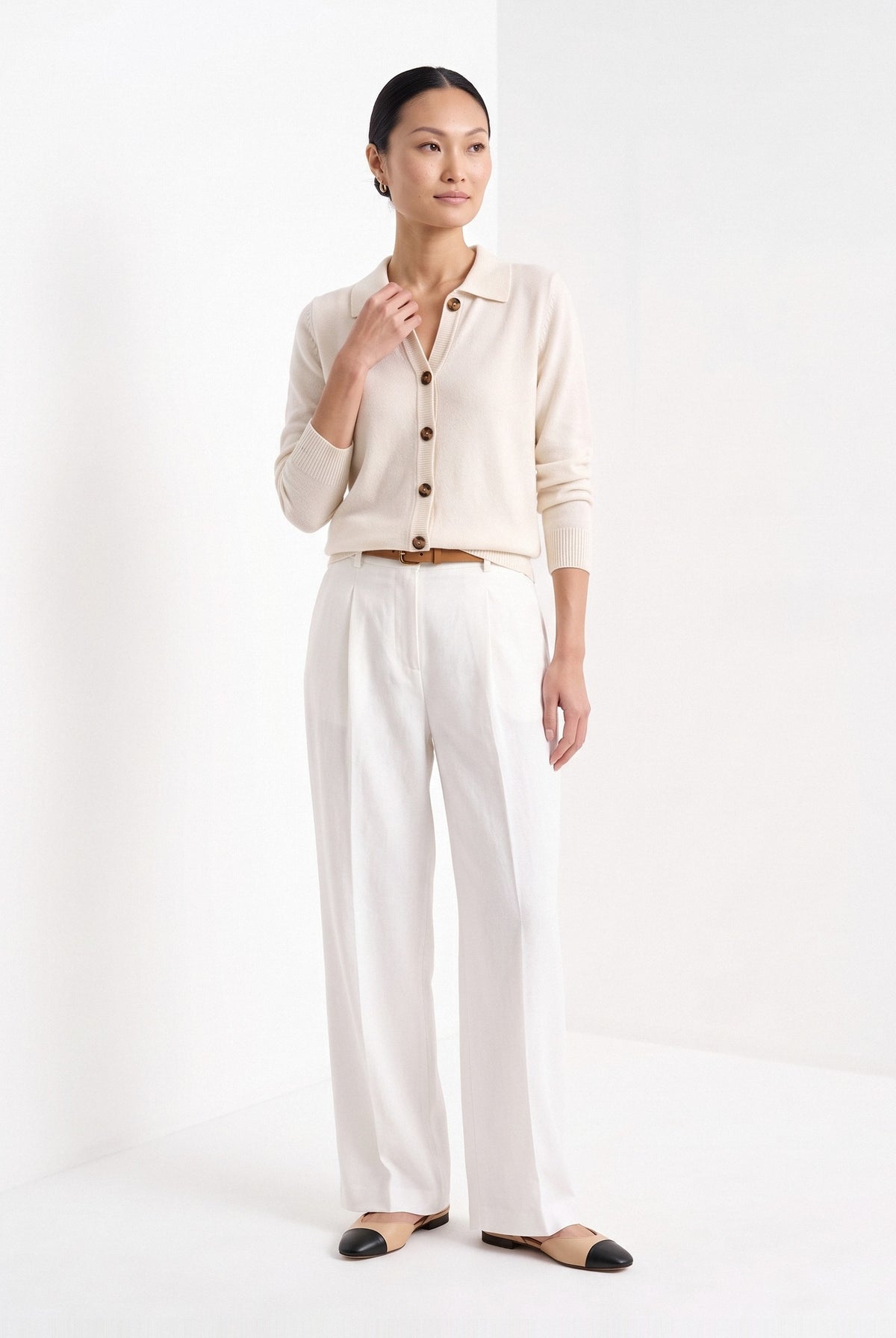 BLENIN collared button cardigan in cream, full-length front view