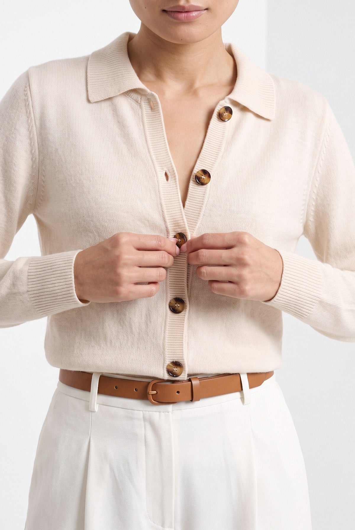 BLENIN collared button cardigan in cream, close-up of the details