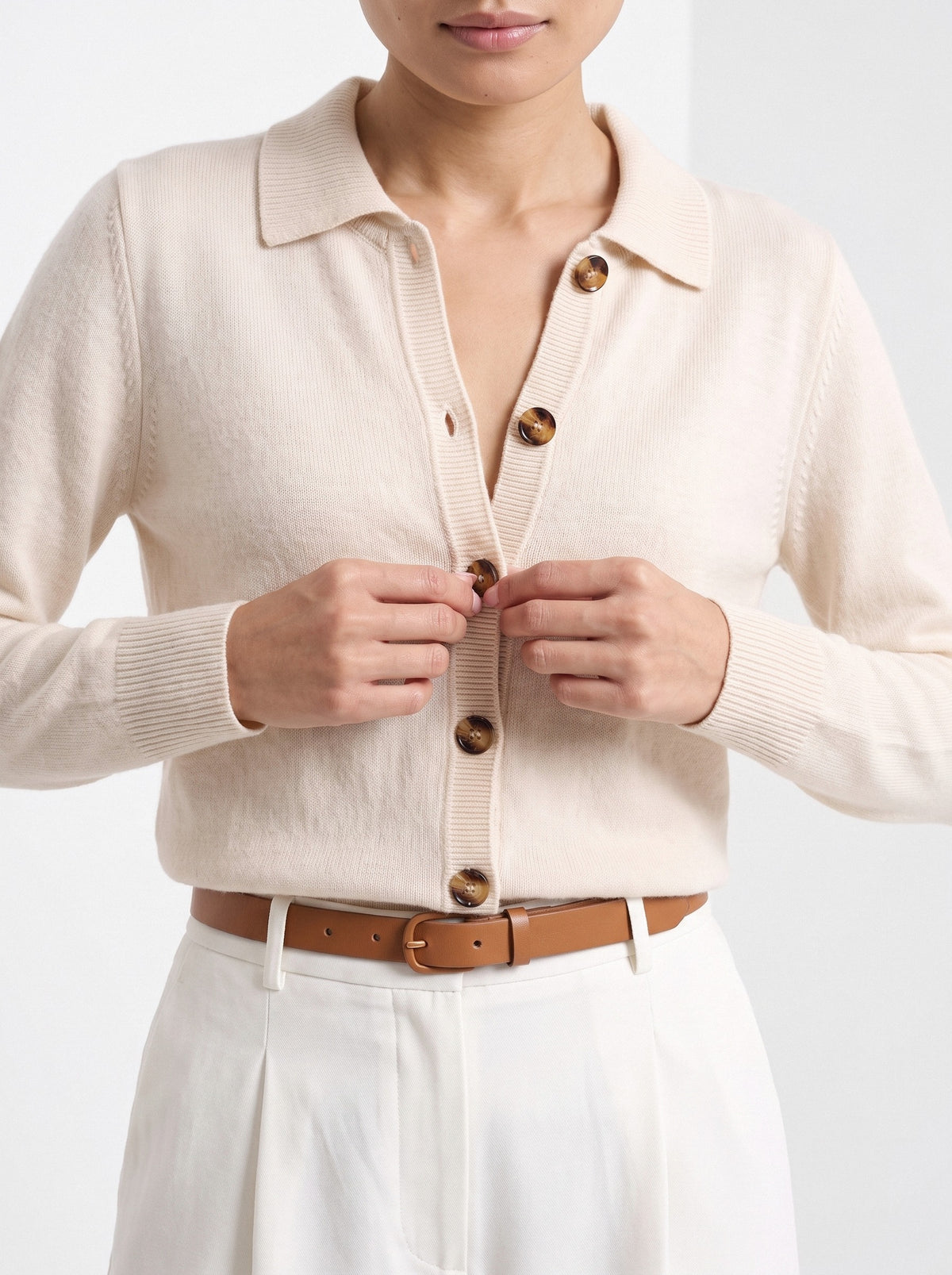 BLENIN collared button cardigan in cream, close-up of the details