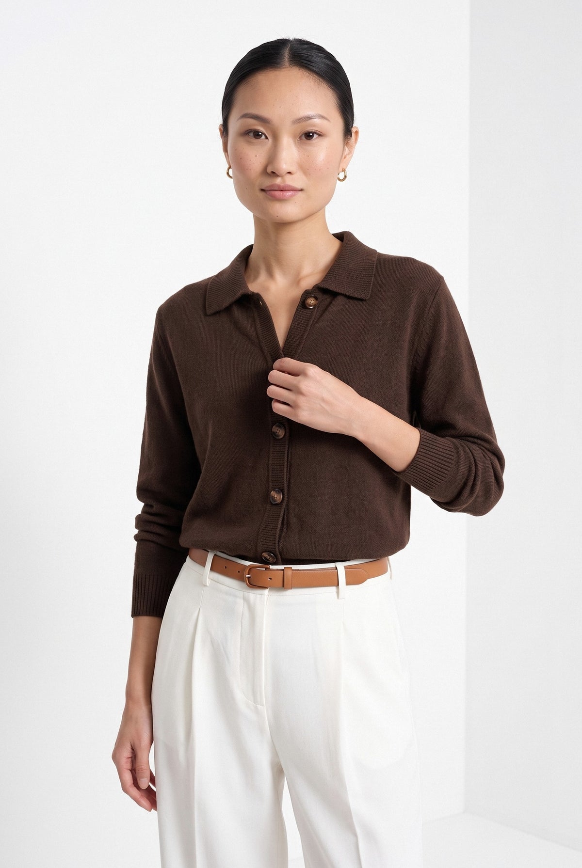 BLENIN collared button cardigan in chocolate, front portrait