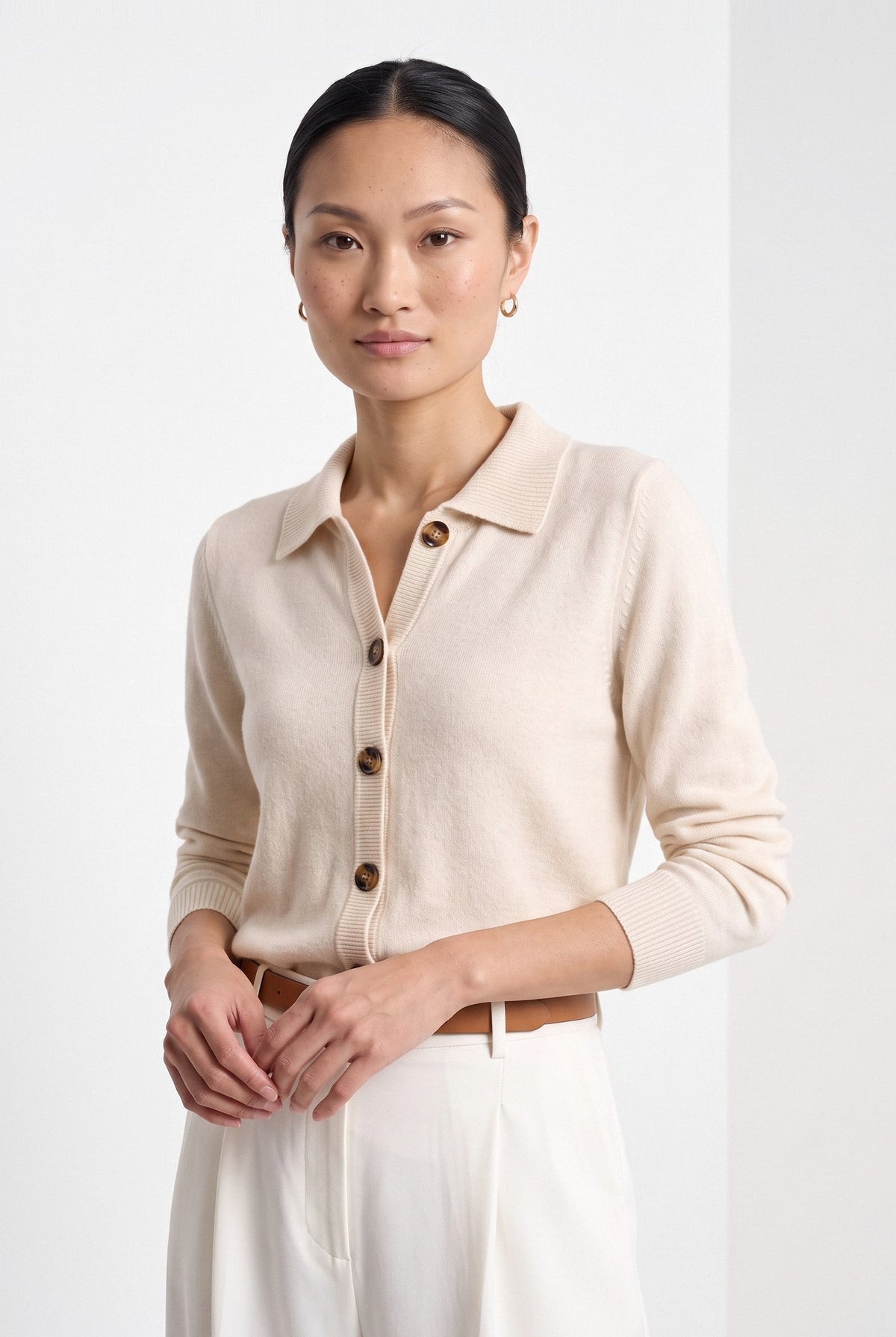 BLENIN collared button cardigan in cream, front portrait
