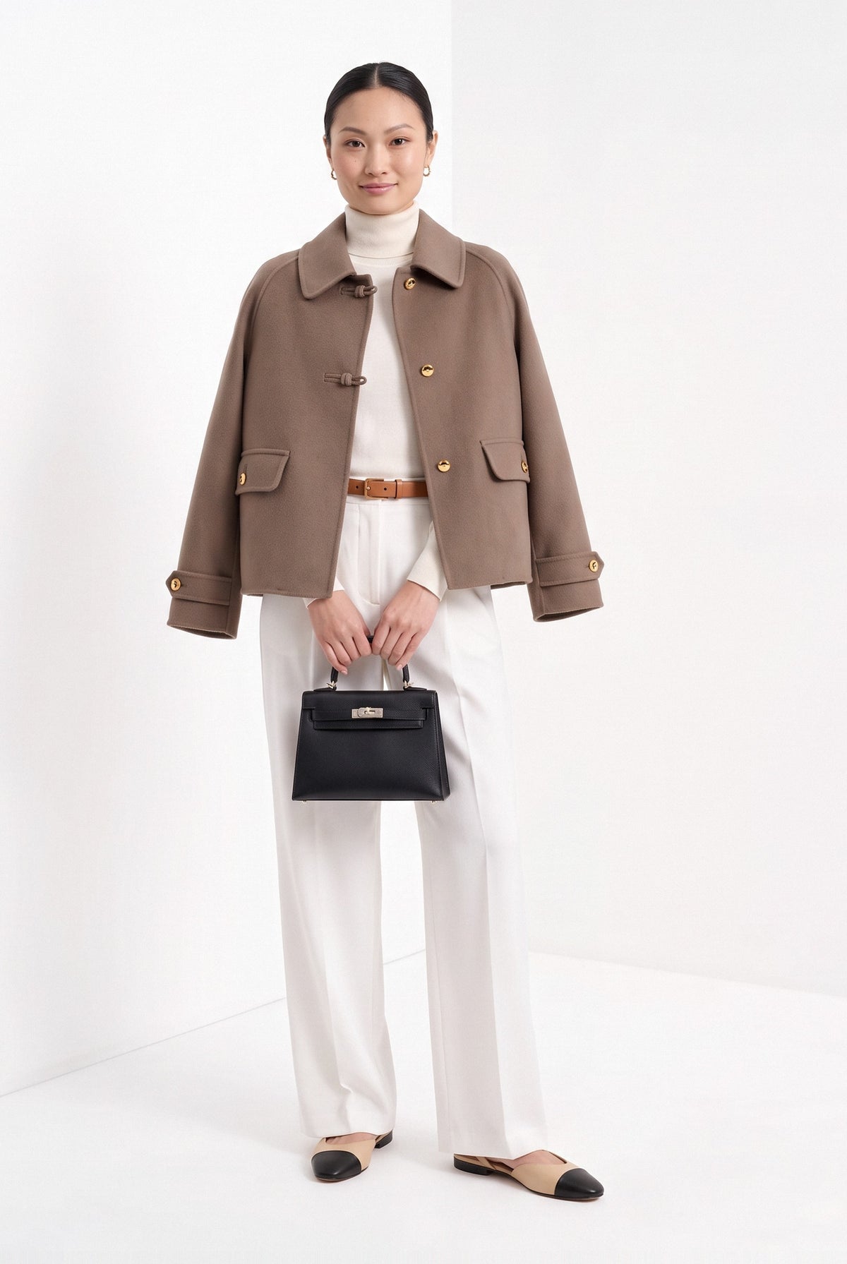 BLENIN short collared jacket in taupe, full-length front view