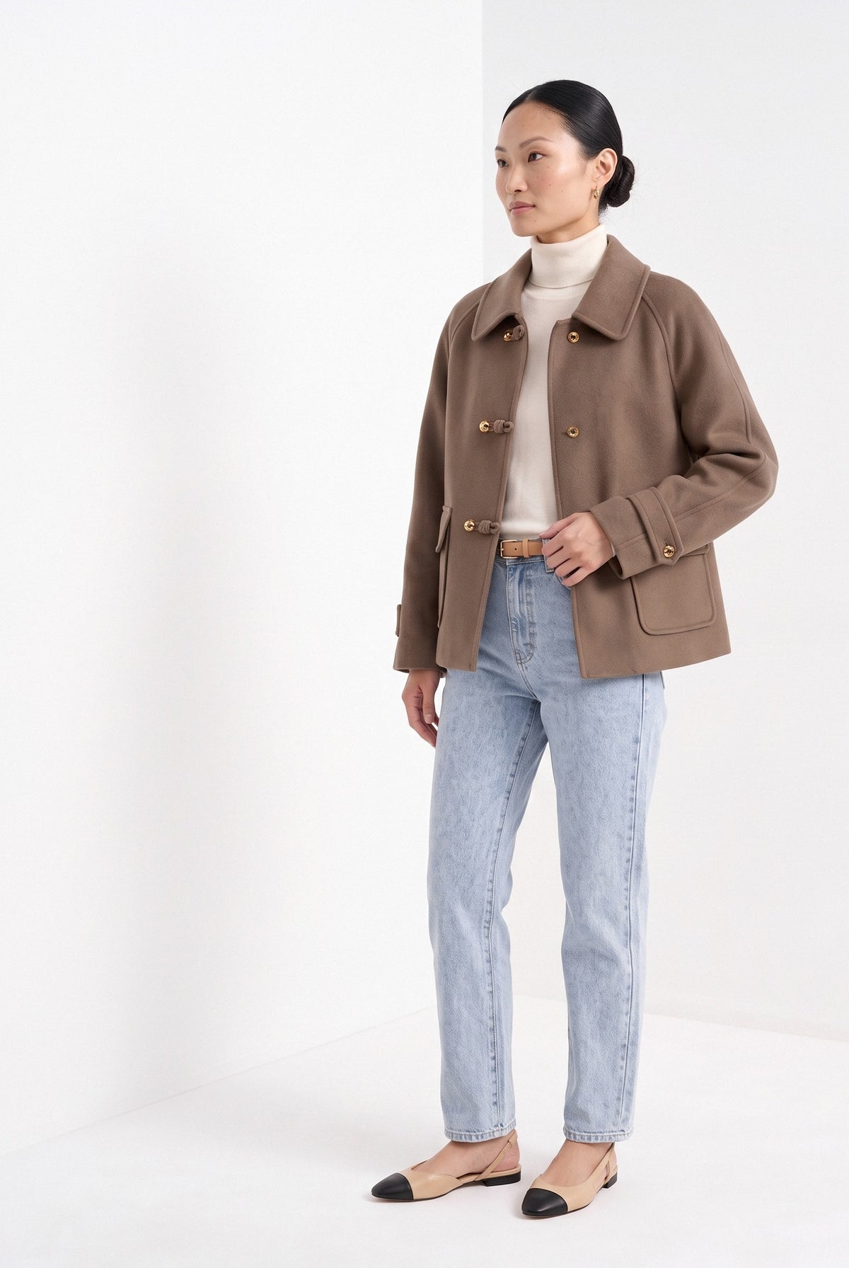 BLENIN short collared jacket in taupe, three-quarter view