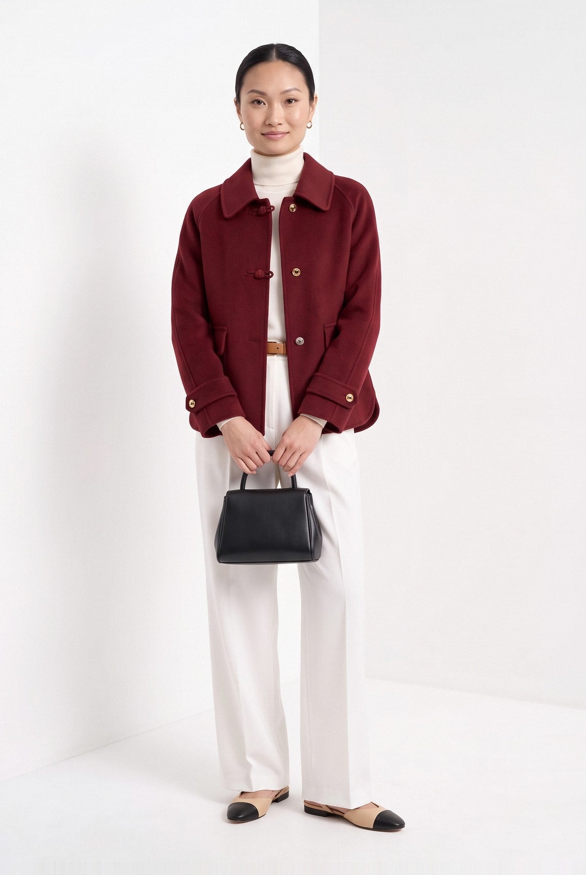BLENIN short collared jacket in burgundy, full-length front view