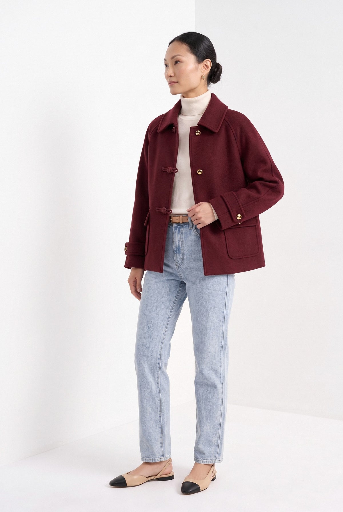 BLENIN short collared jacket in burgundy, three-quarter view