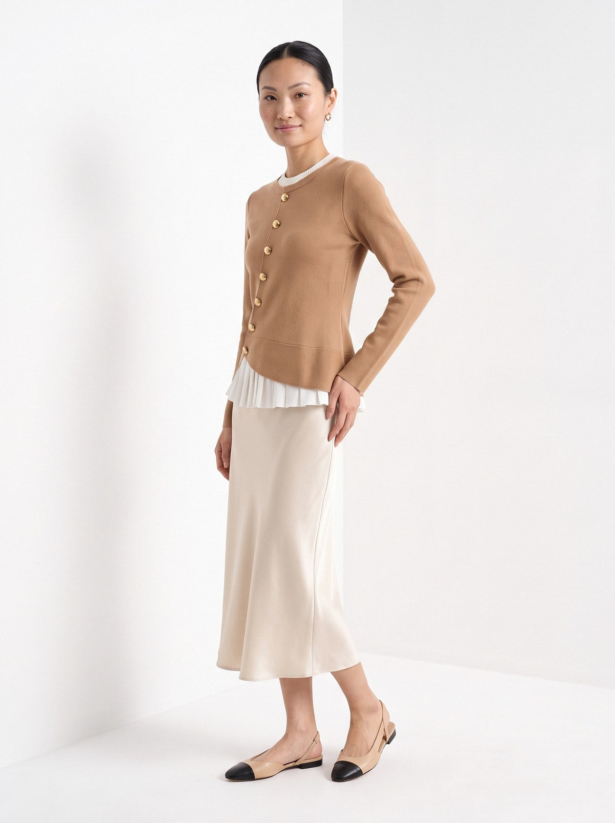 BLENIN gold button knit top in camel, full-length front view