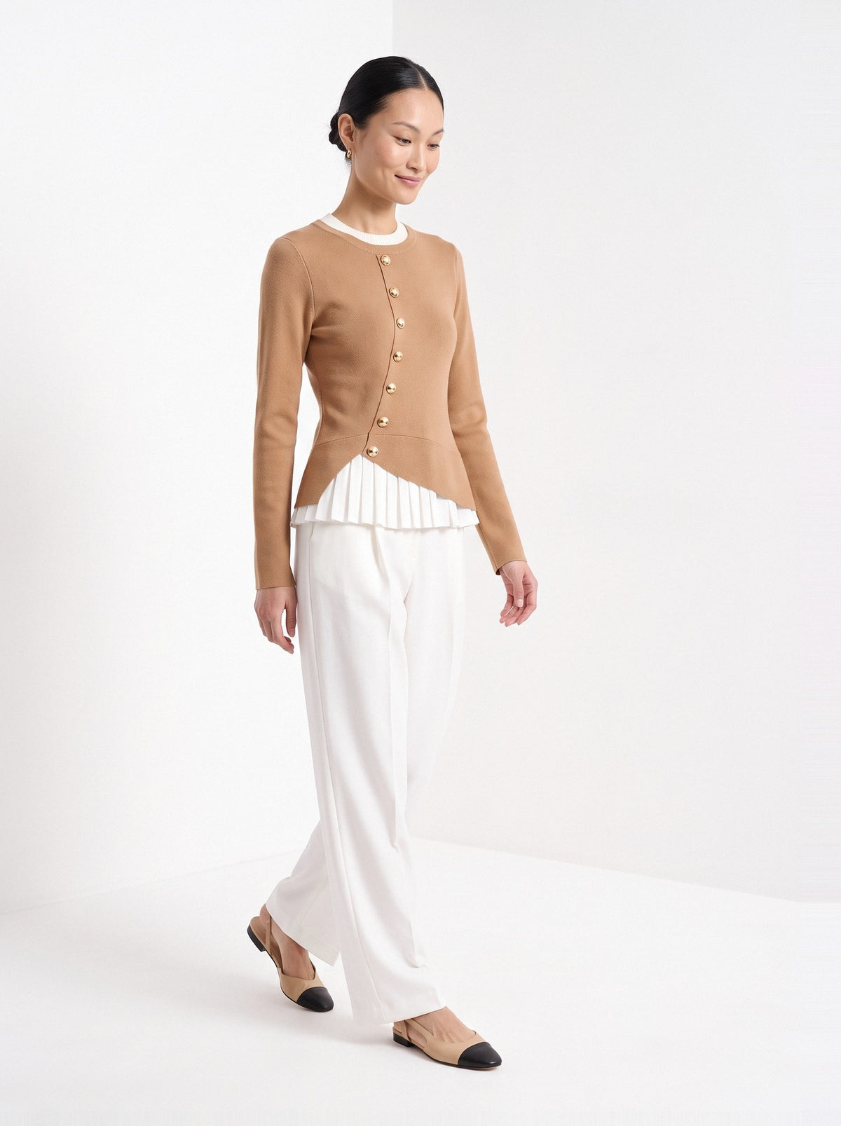 BLENIN gold button knit top in camel, full outfit, walking