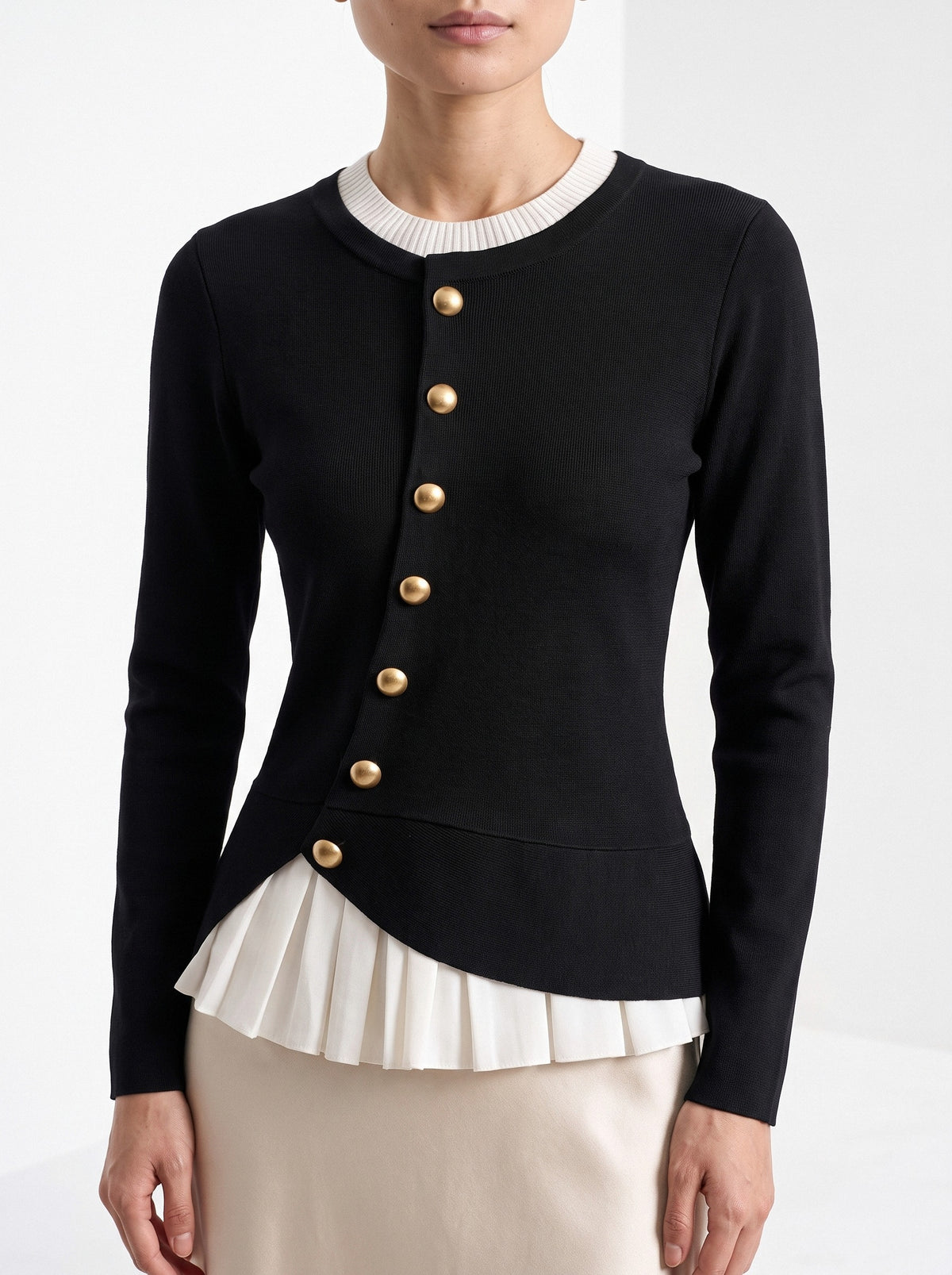 BLENIN gold button knit top in black, close-up of the details