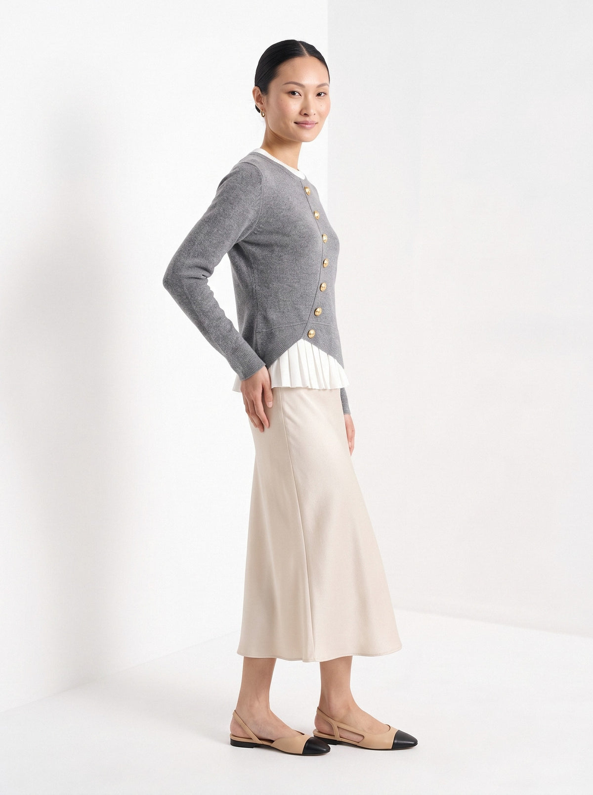 BLENIN gold button knit top in grey, full-length front view