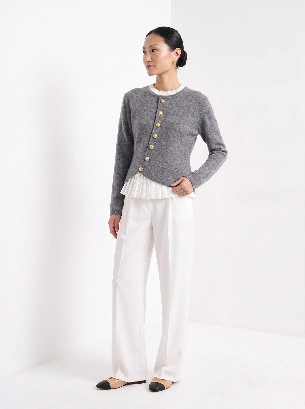 BLENIN gold button knit top in grey, three-quarter view