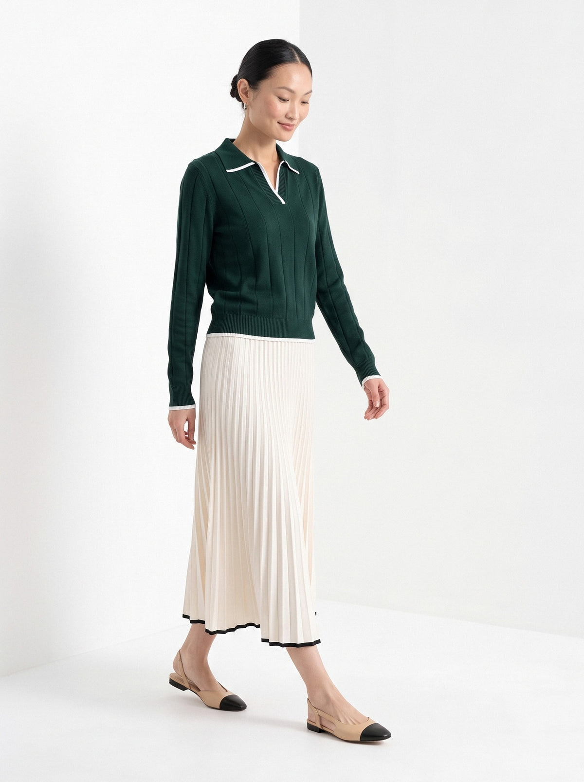 BLENIN contrast trim knit polo in forest green, full outfit, walking