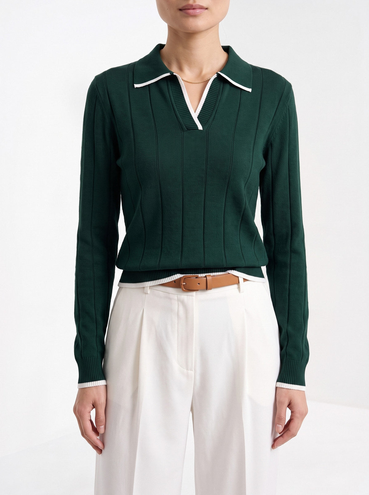BLENIN contrast trim knit polo in forest green, close-up of the collar and details