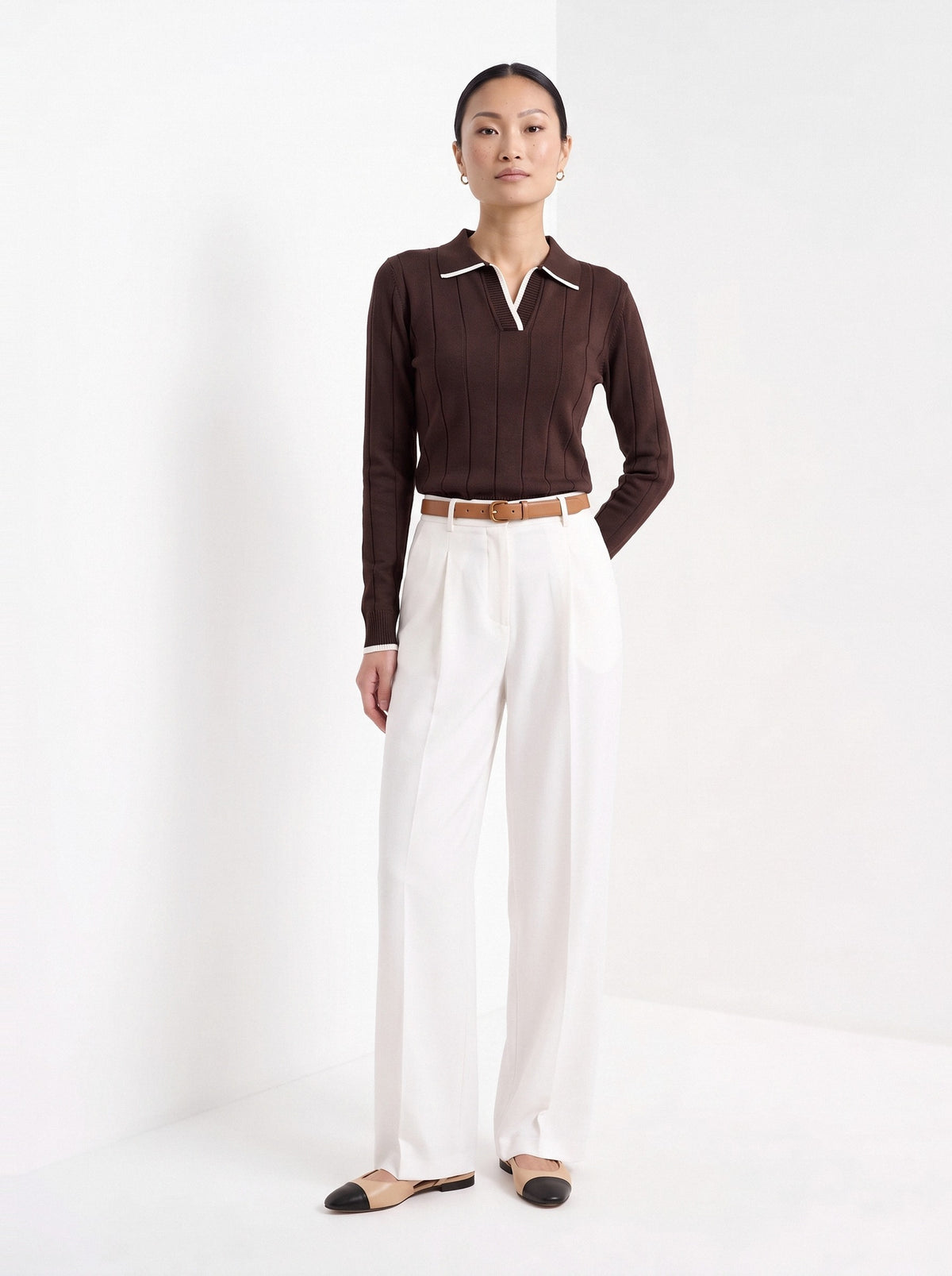 BLENIN contrast trim knit polo in chocolate, full-length front view