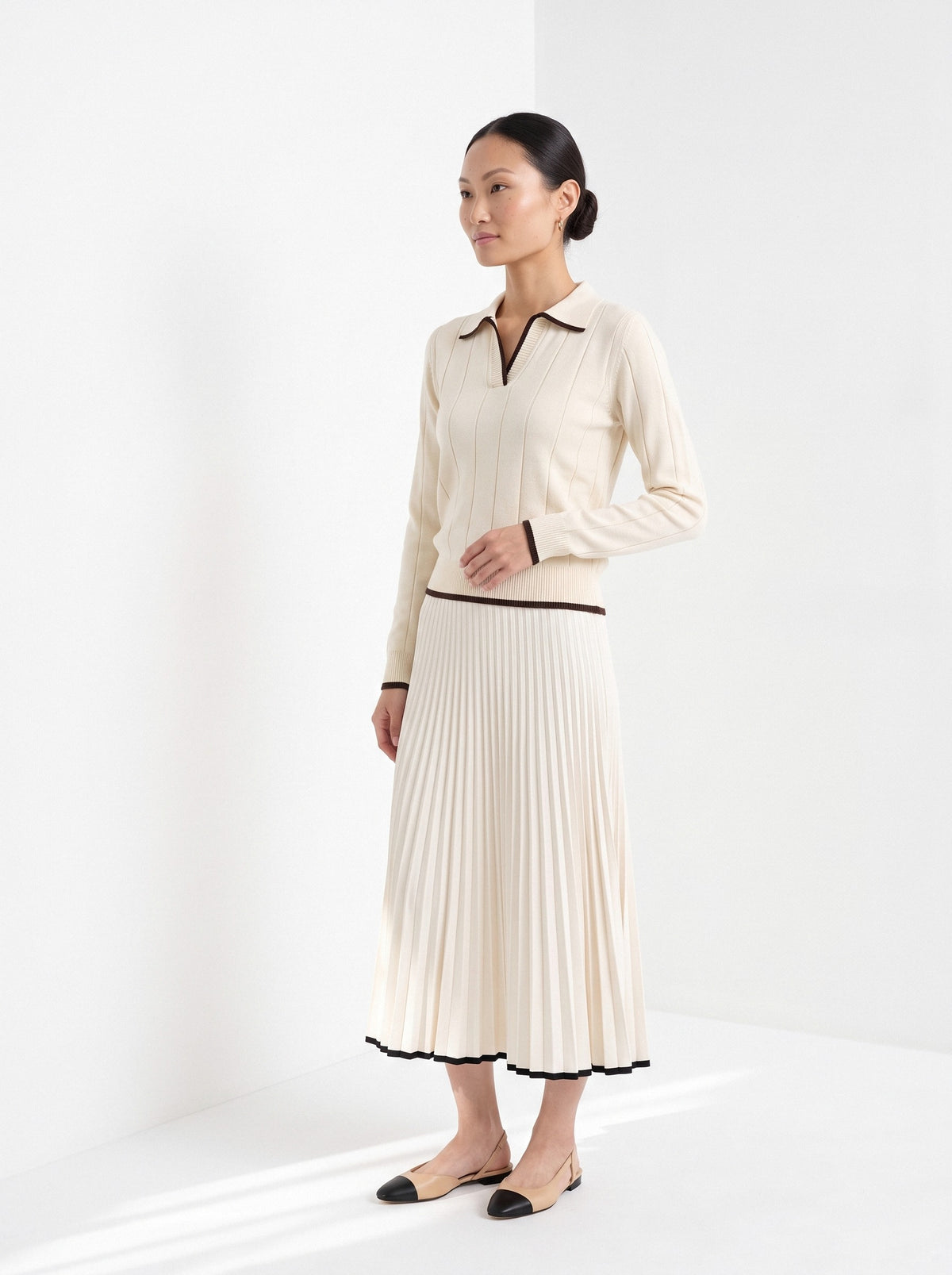 BLENIN contrast trim knit polo in cream, three-quarter view