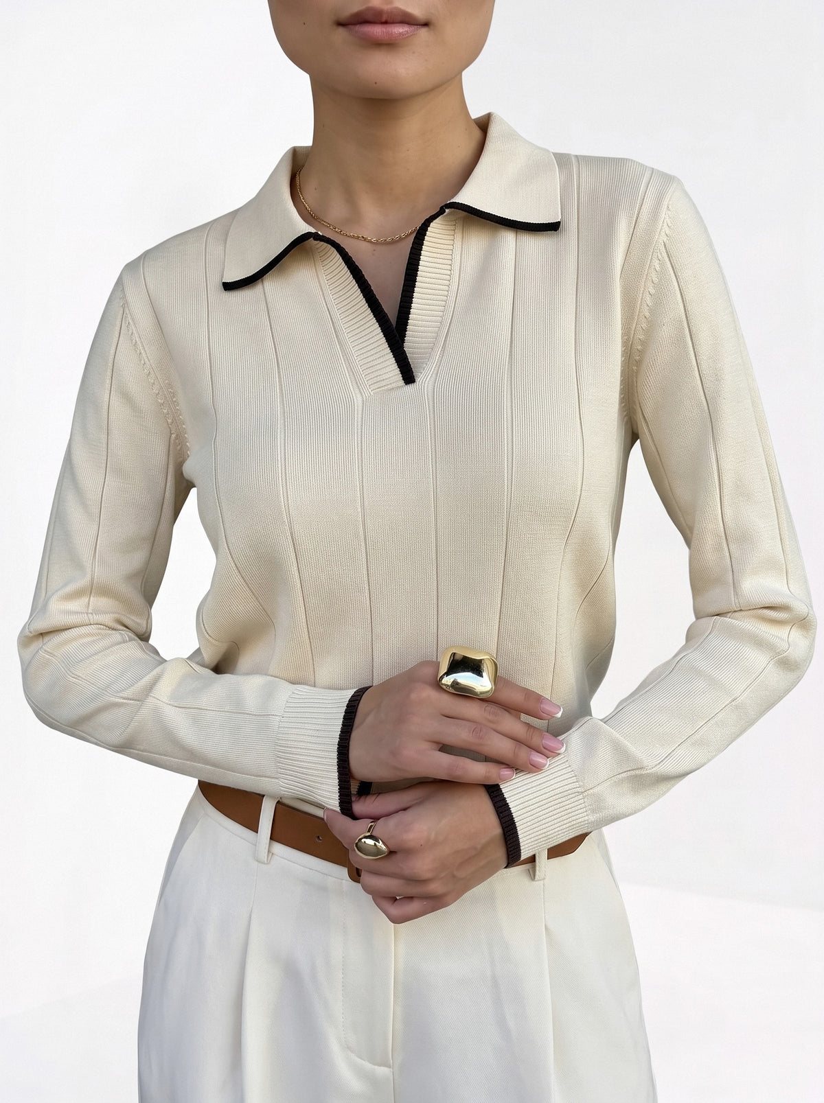 BLENIN contrast trim knit polo in cream, close-up of the details
