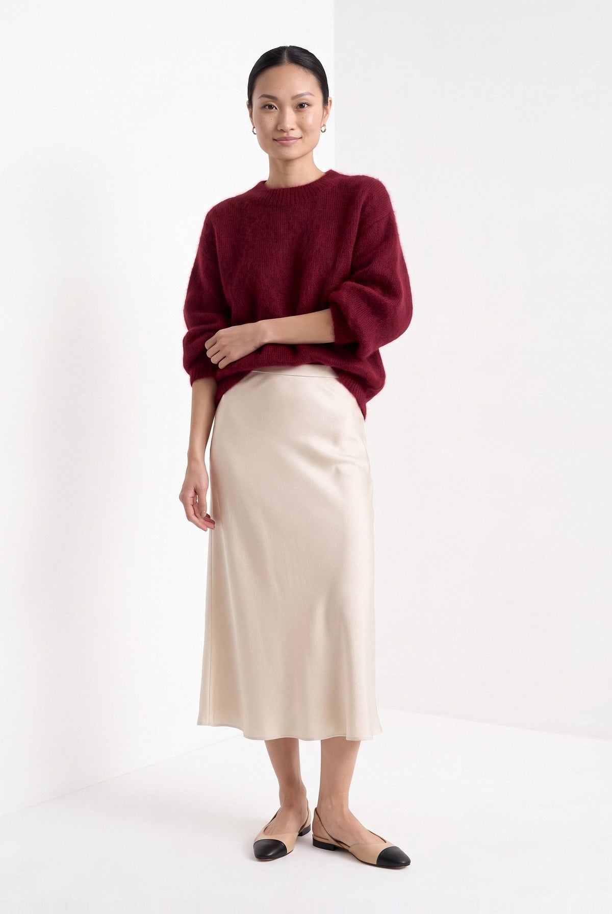 BLENIN brushed knit sweater in burgundy, full-length front view