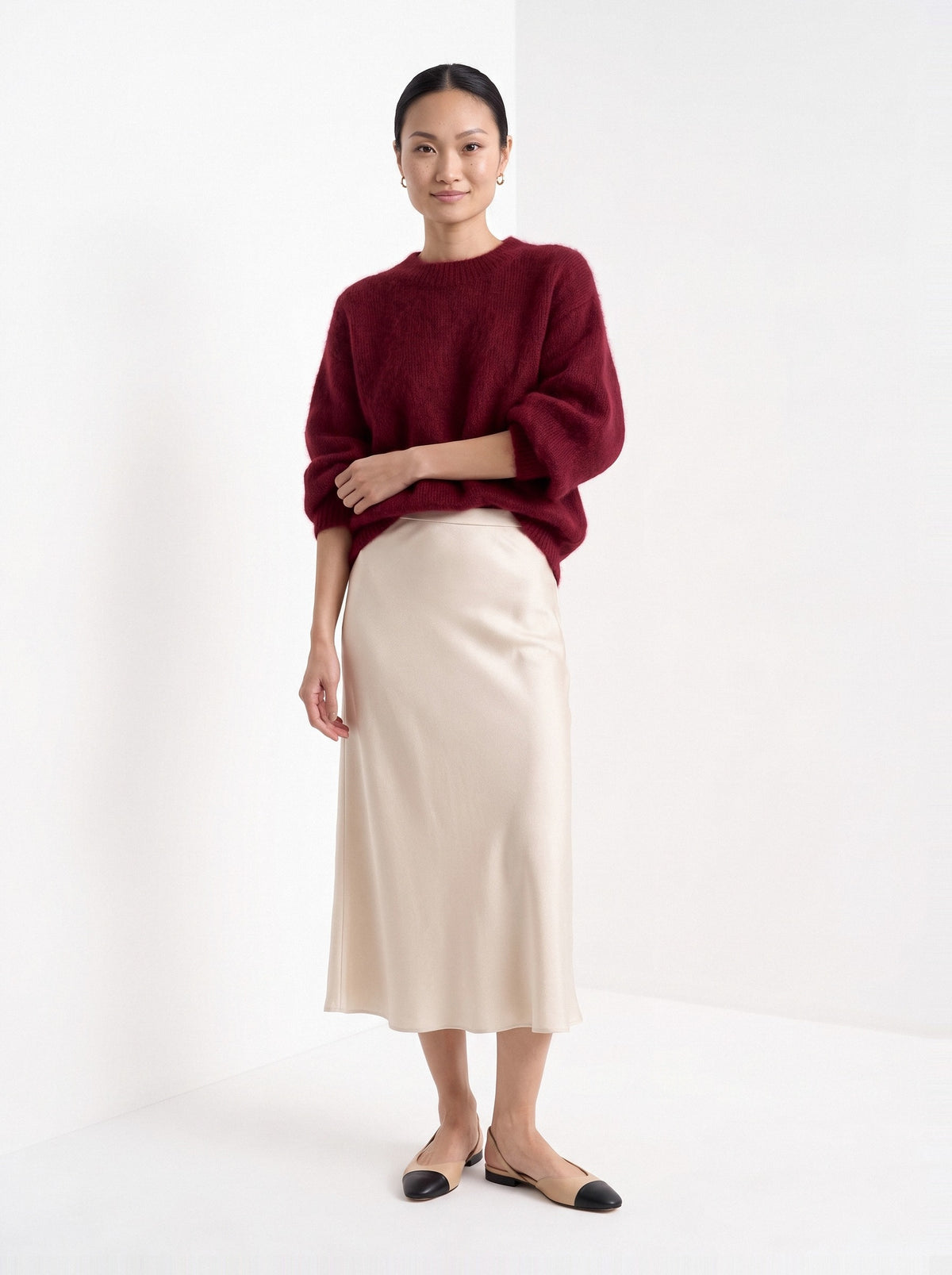 BLENIN brushed knit sweater in burgundy, full-length front view