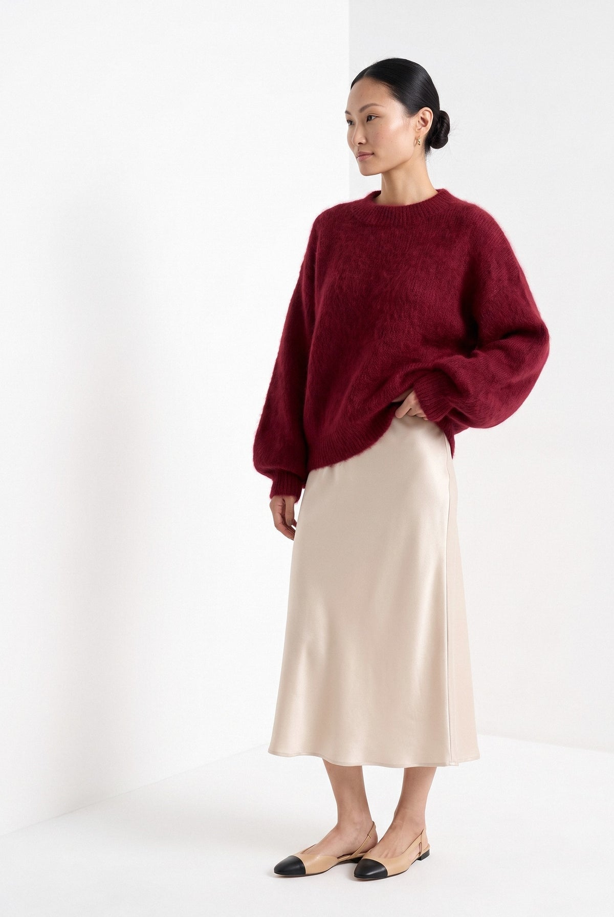 BLENIN brushed knit sweater in burgundy, three-quarter view