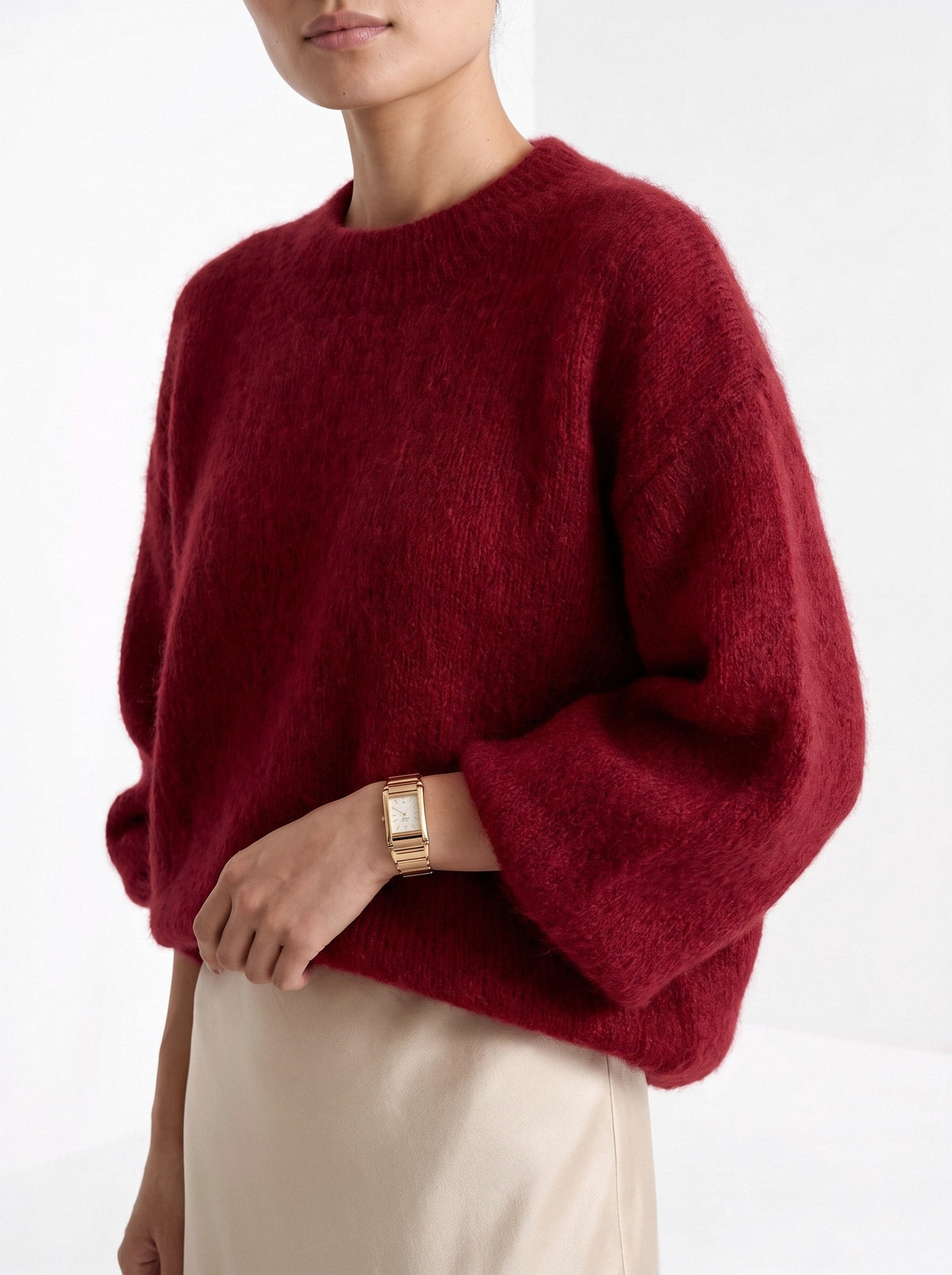 BLENIN brushed knit sweater in burgundy, close-up of the collar and details