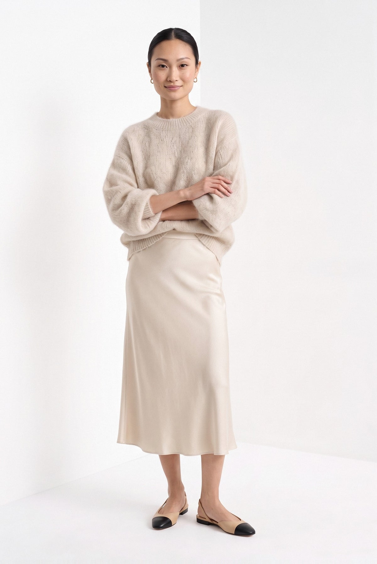 BLENIN brushed knit sweater in oatmeal, full-length front view