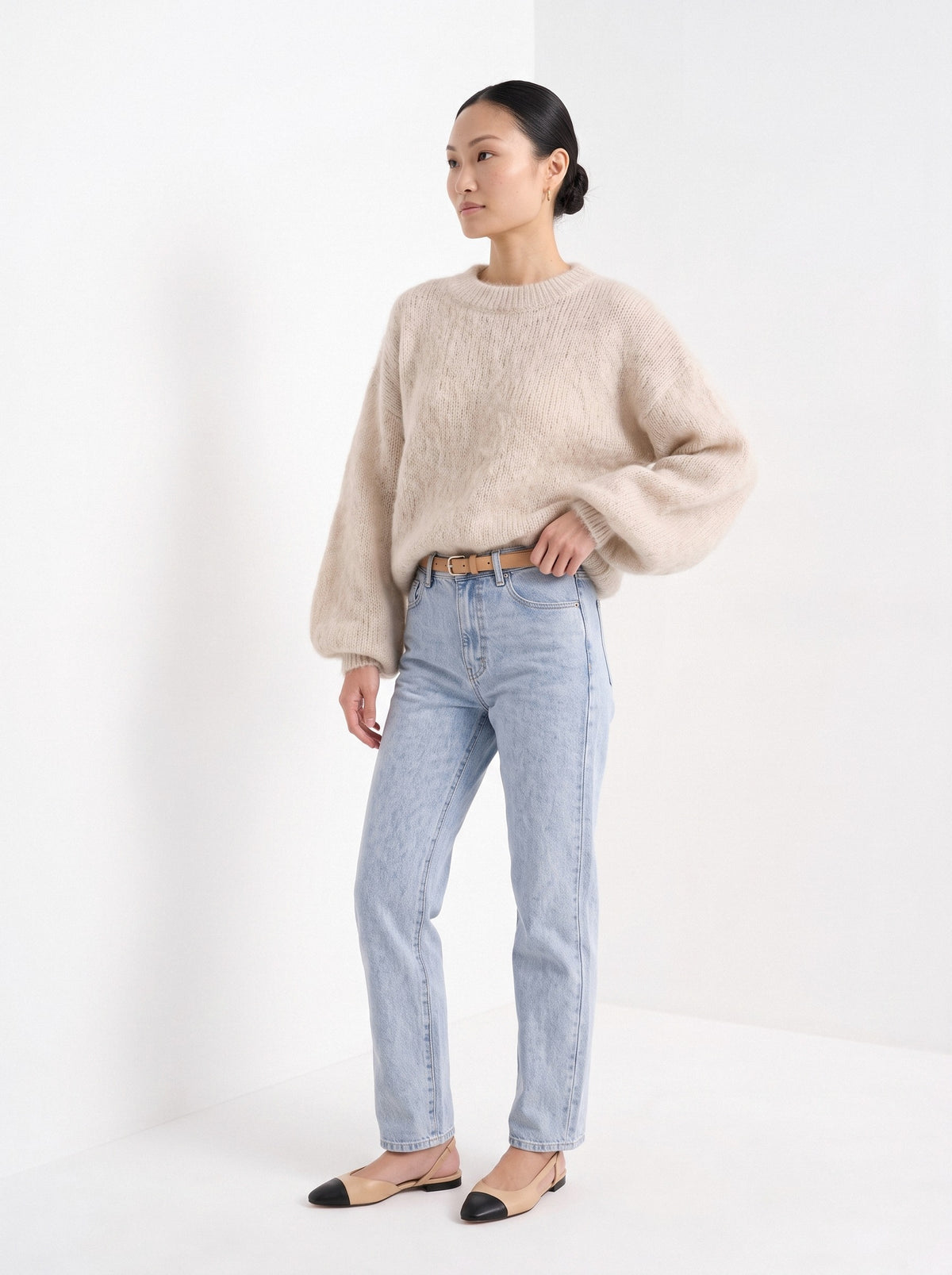 BLENIN brushed knit sweater in oatmeal, three-quarter view