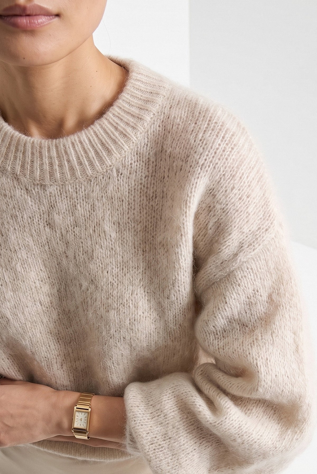 BLENIN brushed knit sweater in oatmeal, close-up of the details