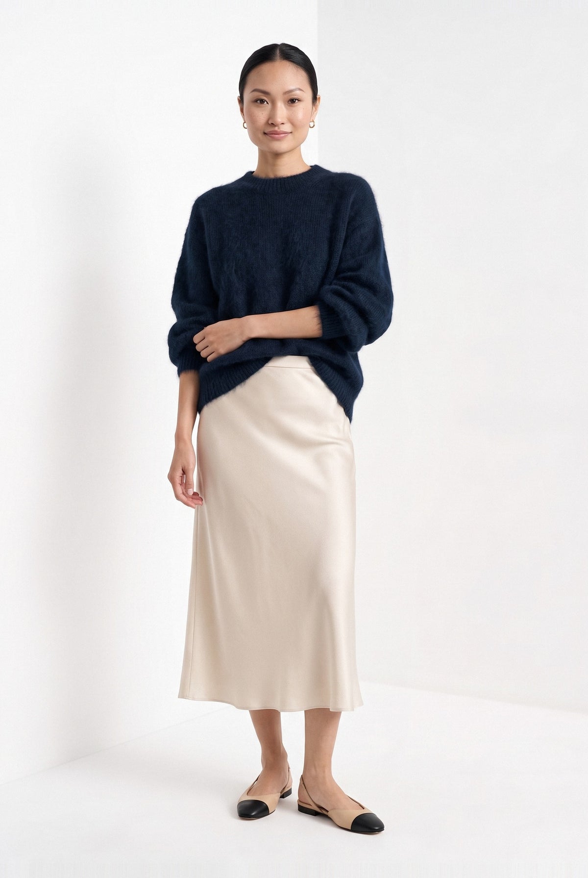 BLENIN brushed knit sweater in navy, full-length front view