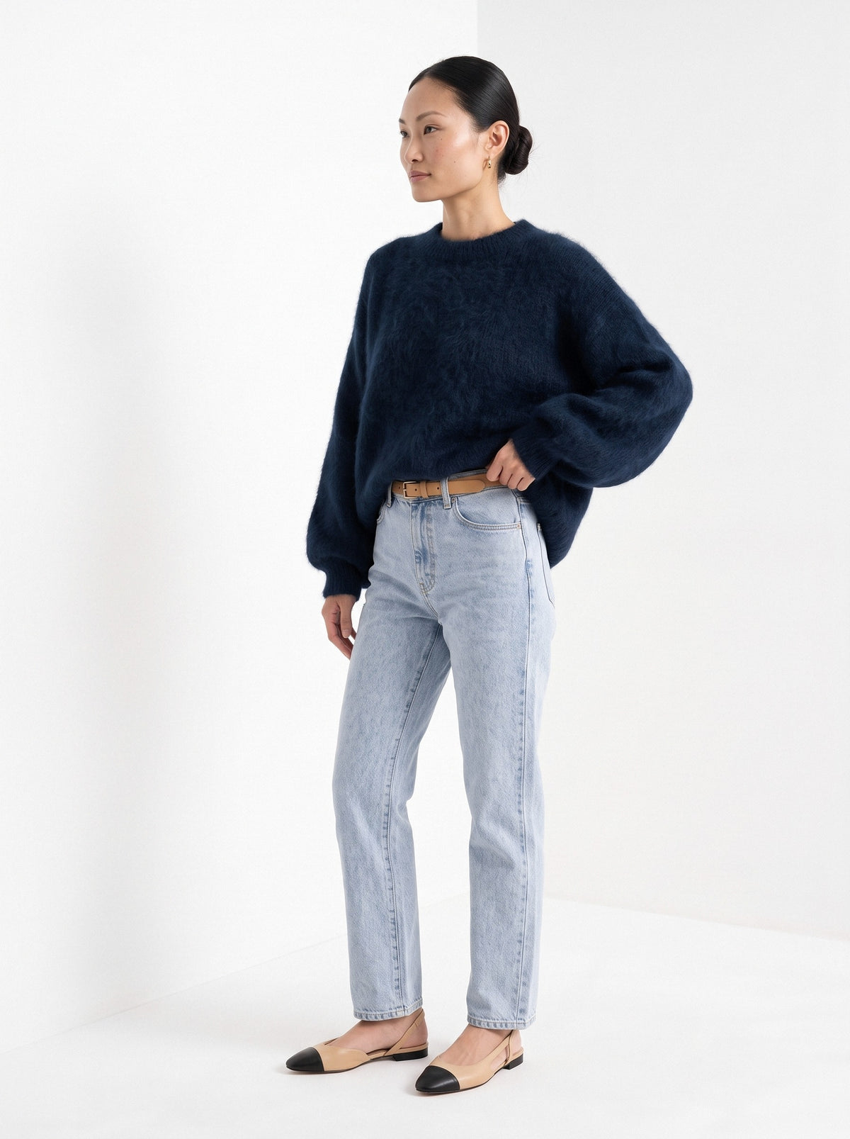 BLENIN brushed knit sweater in navy, three-quarter view