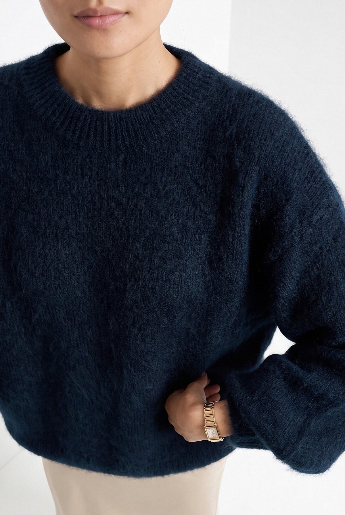 BLENIN brushed knit sweater in navy, close-up of the details