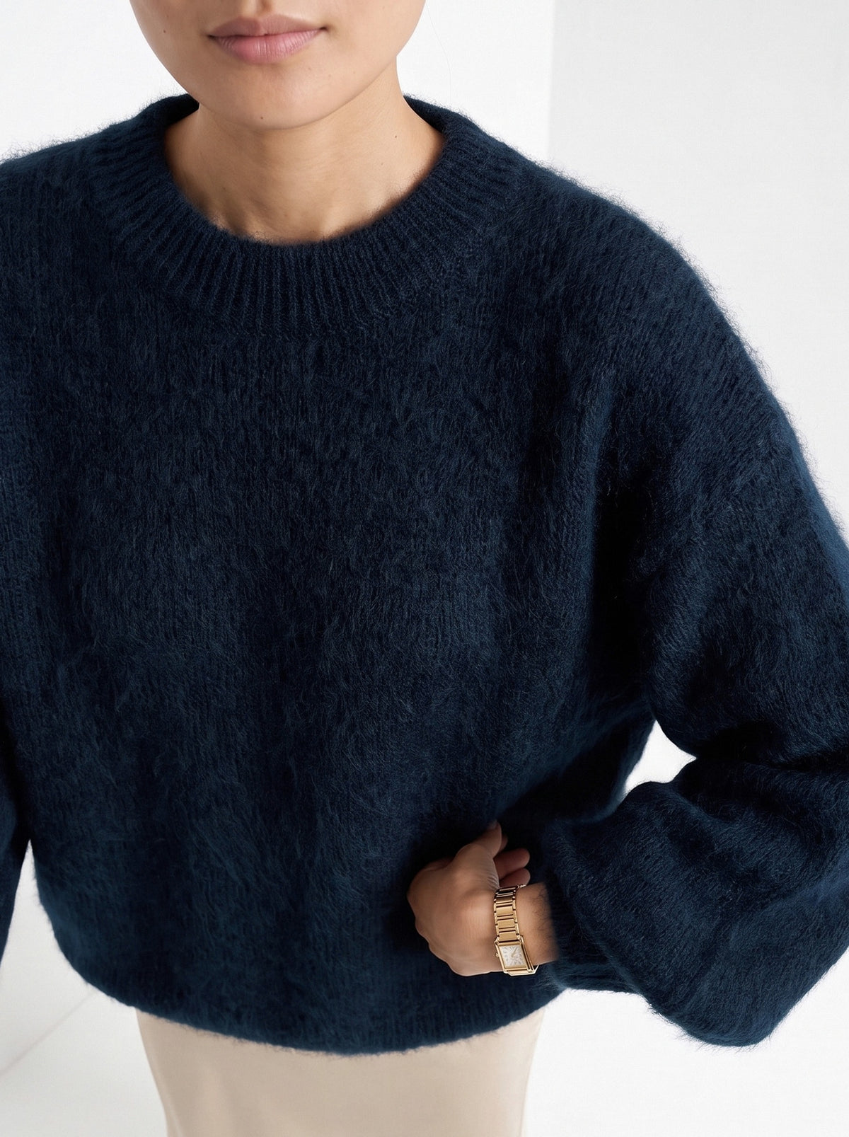 BLENIN brushed knit sweater in navy, close-up of the details
