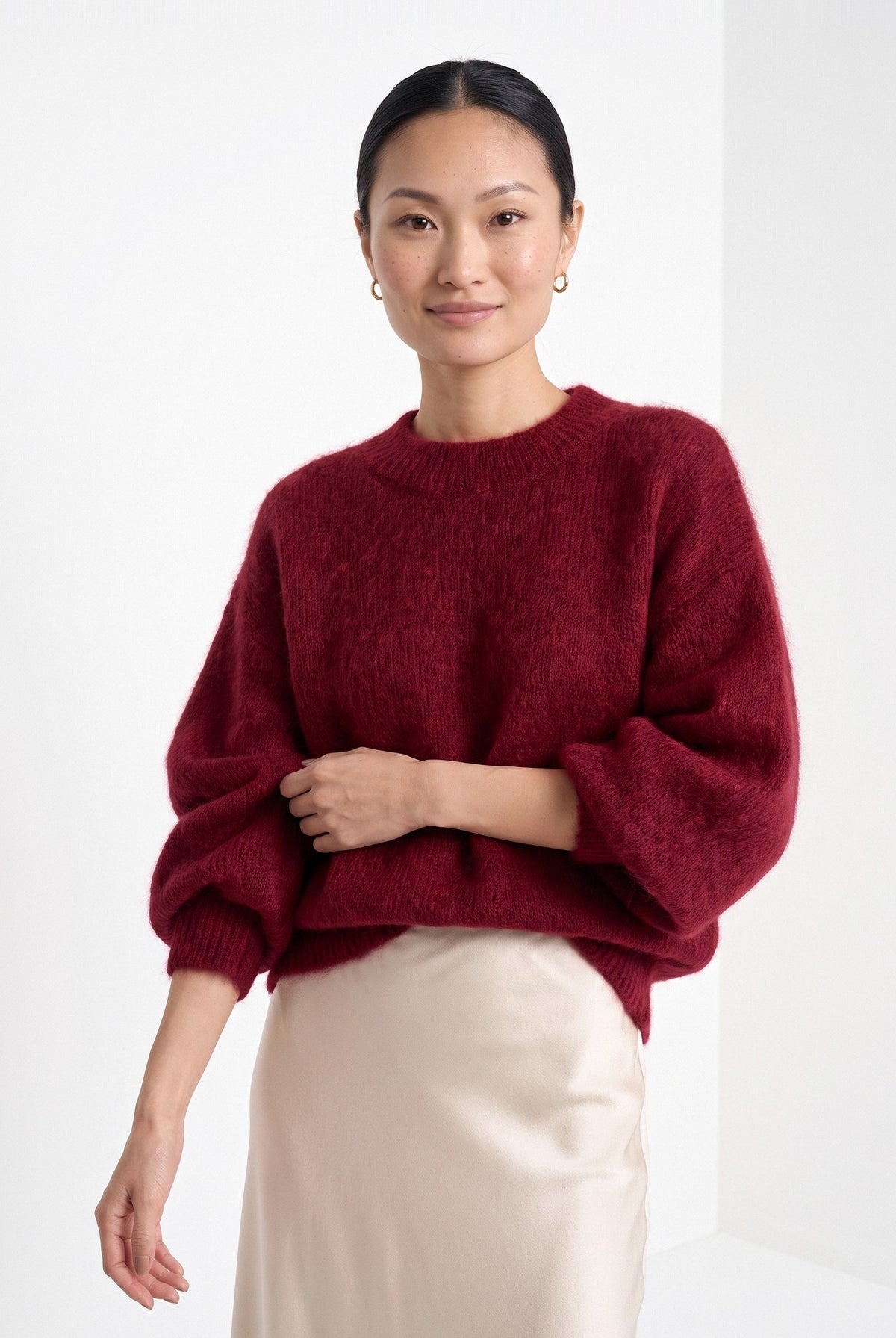 BLENIN brushed knit sweater in burgundy, front portrait