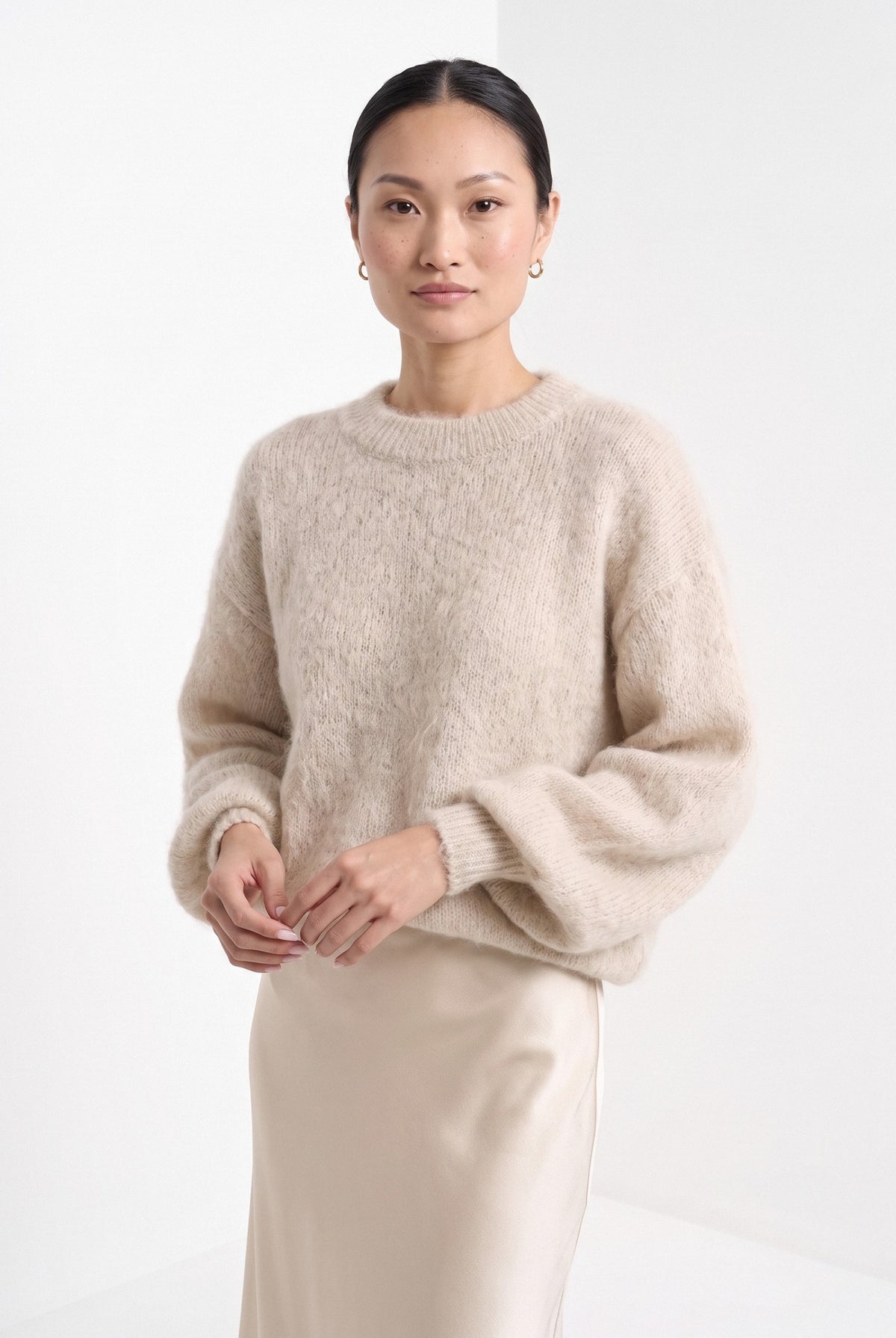 BLENIN brushed knit sweater in oatmeal, front portrait