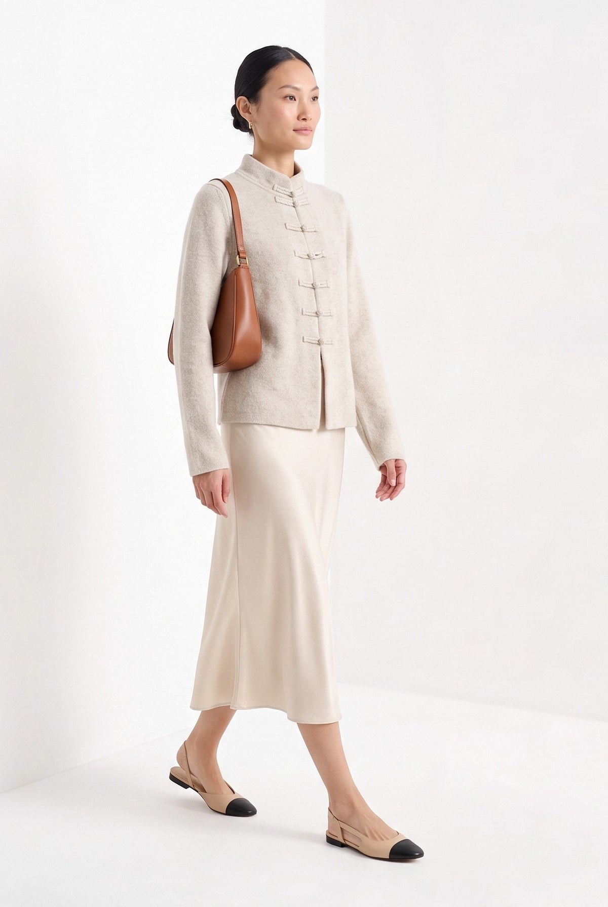 BLENIN mandarin collar cardigan in oatmeal, full-length front view