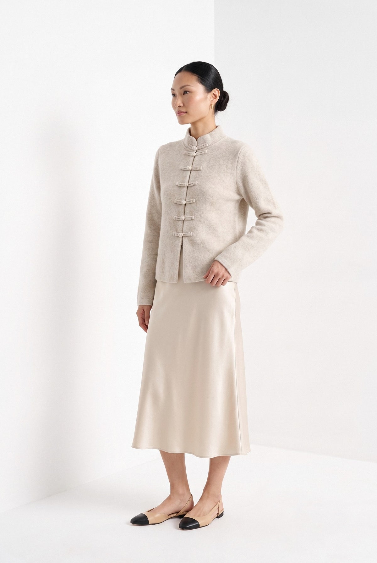 BLENIN mandarin collar cardigan in oatmeal, three-quarter view