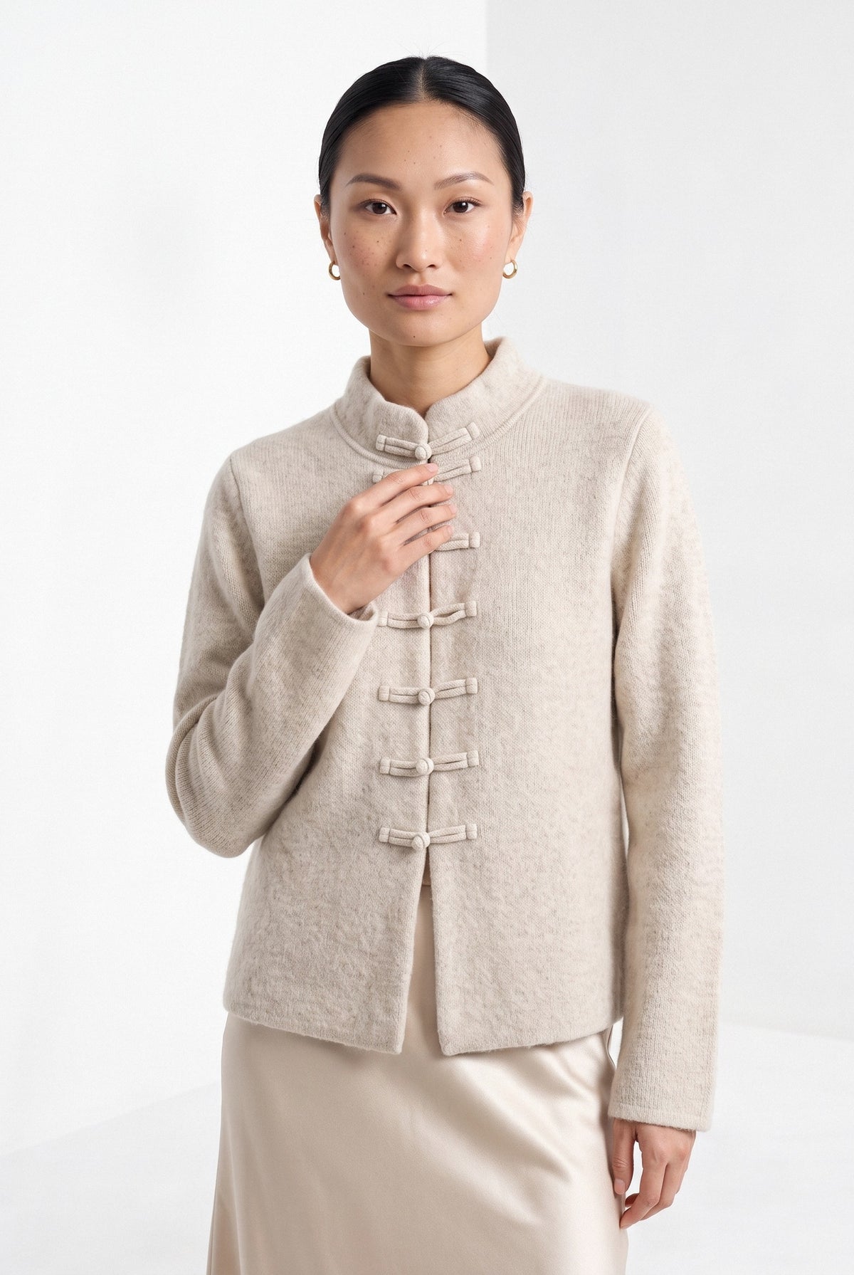 BLENIN mandarin collar cardigan in oatmeal, front portrait
