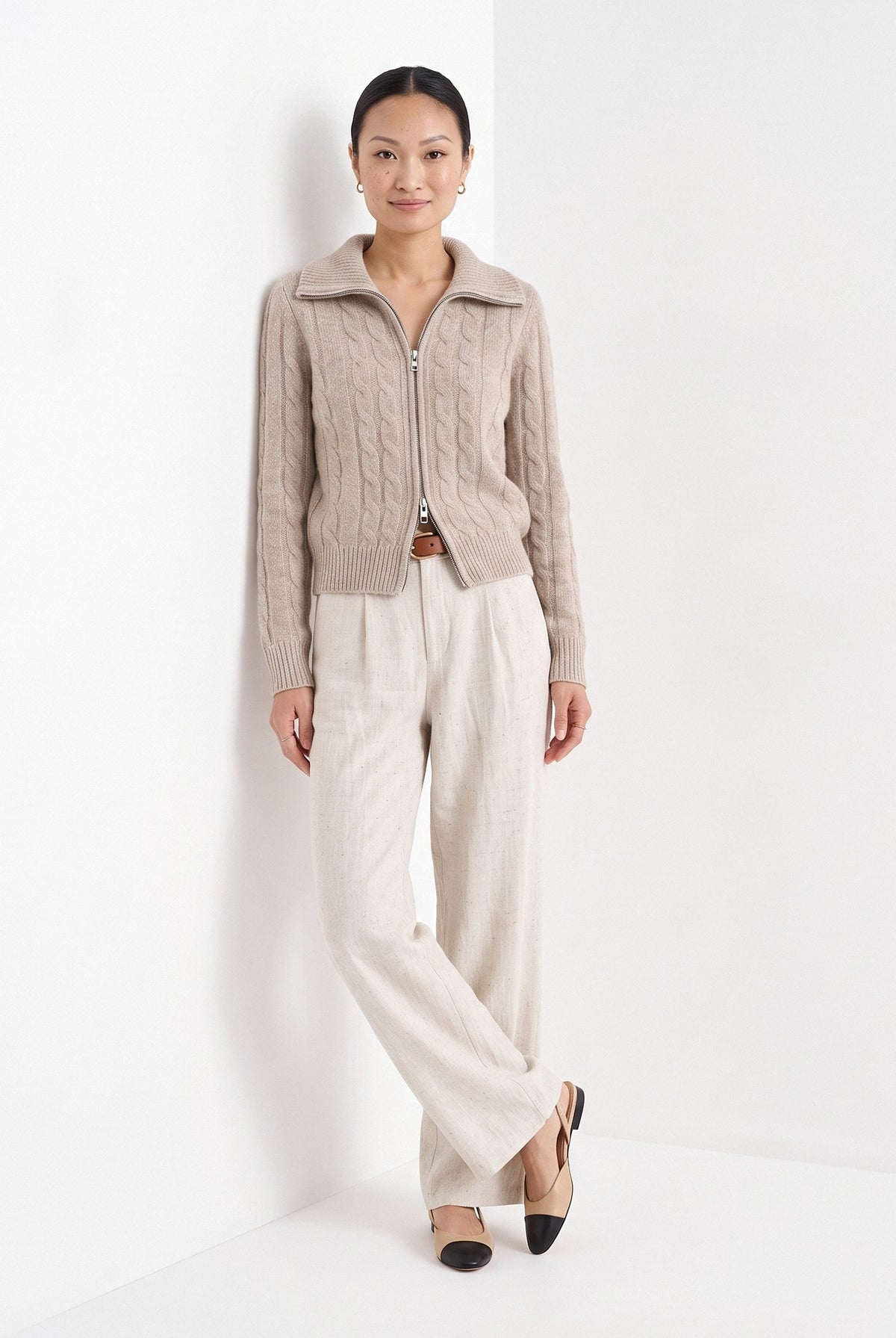 BLENIN cable zip collar cardigan in camel, full-length front view