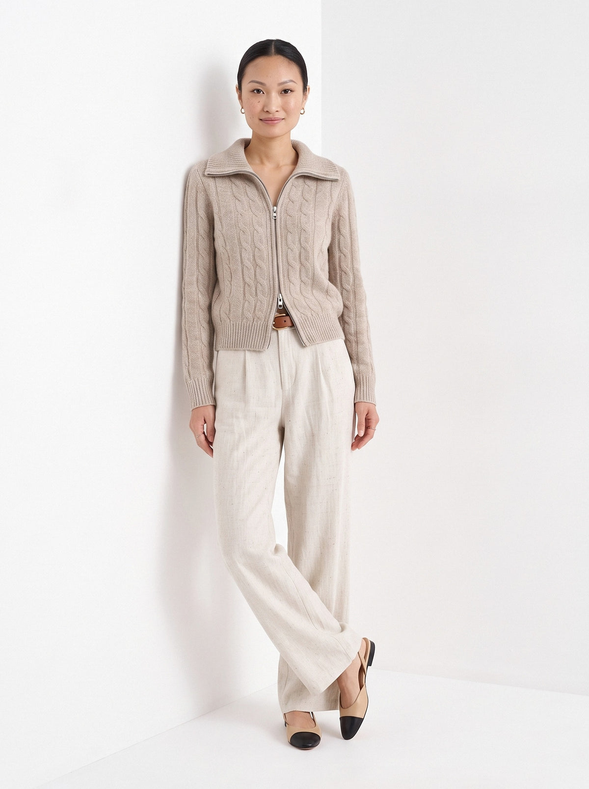 BLENIN cable zip collar cardigan in camel, full-length front view
